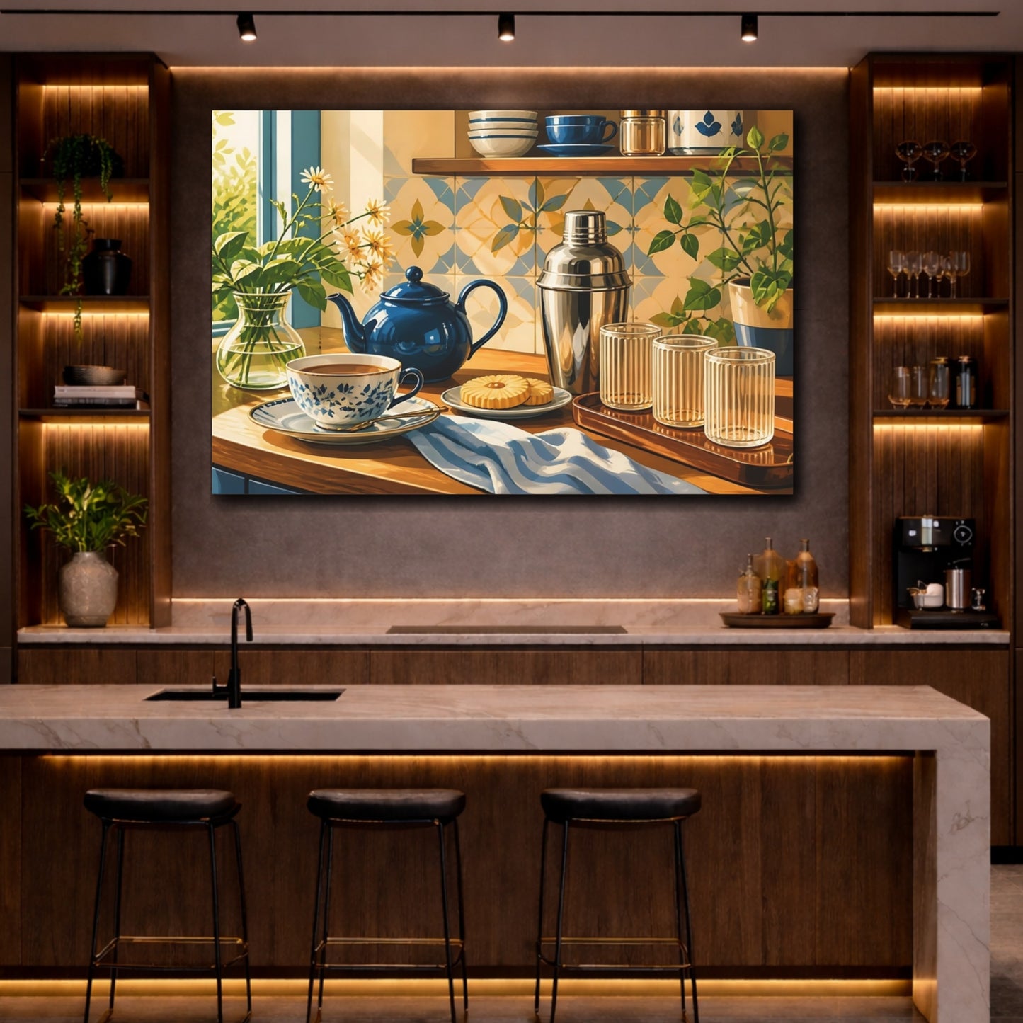 Mockup 2. Nature Tea Setting Blue And Gold Kitchen shown as stretched canvas wall art