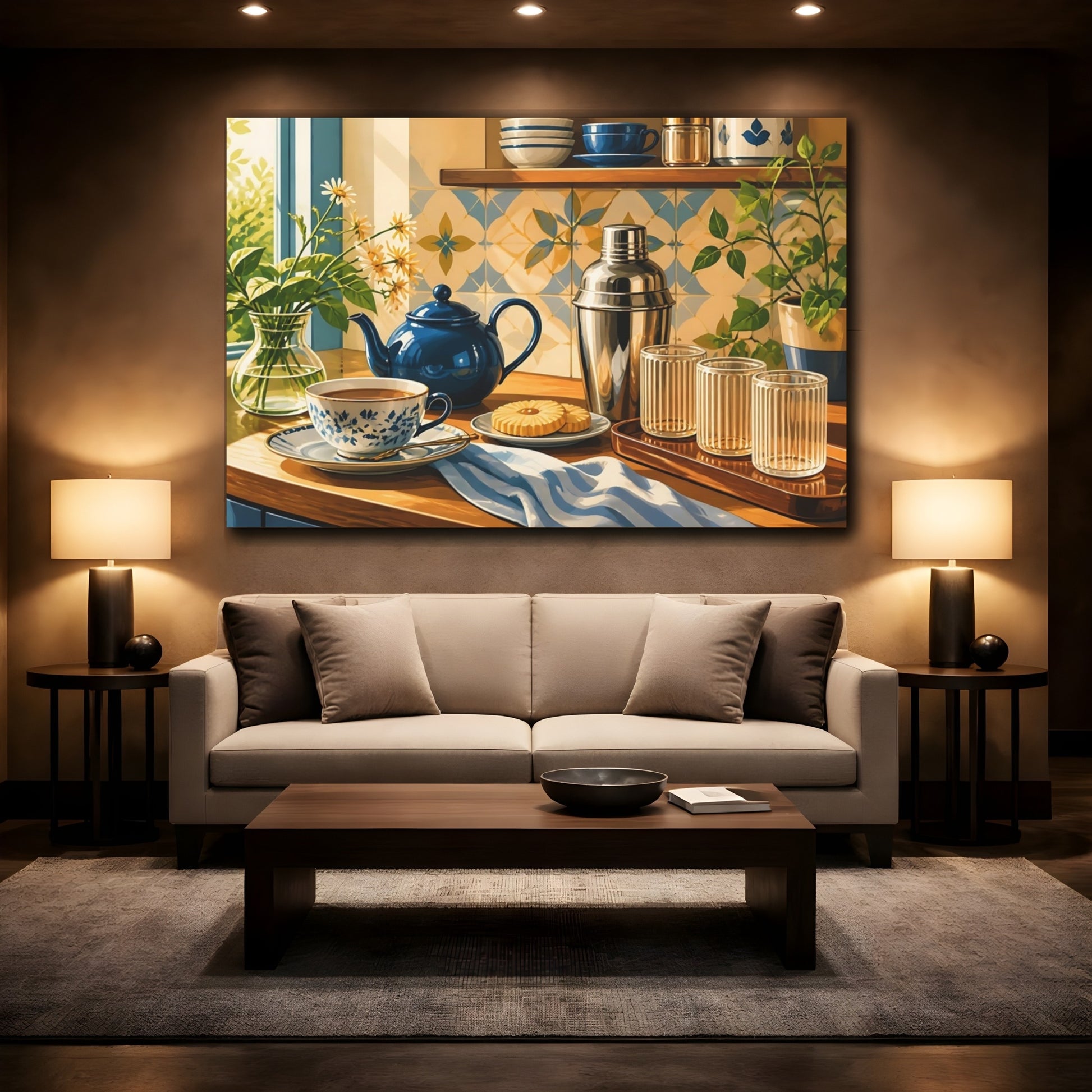 Mockup 3. Nature Tea Setting Blue And Gold Kitchen shown as stretched canvas wall art
