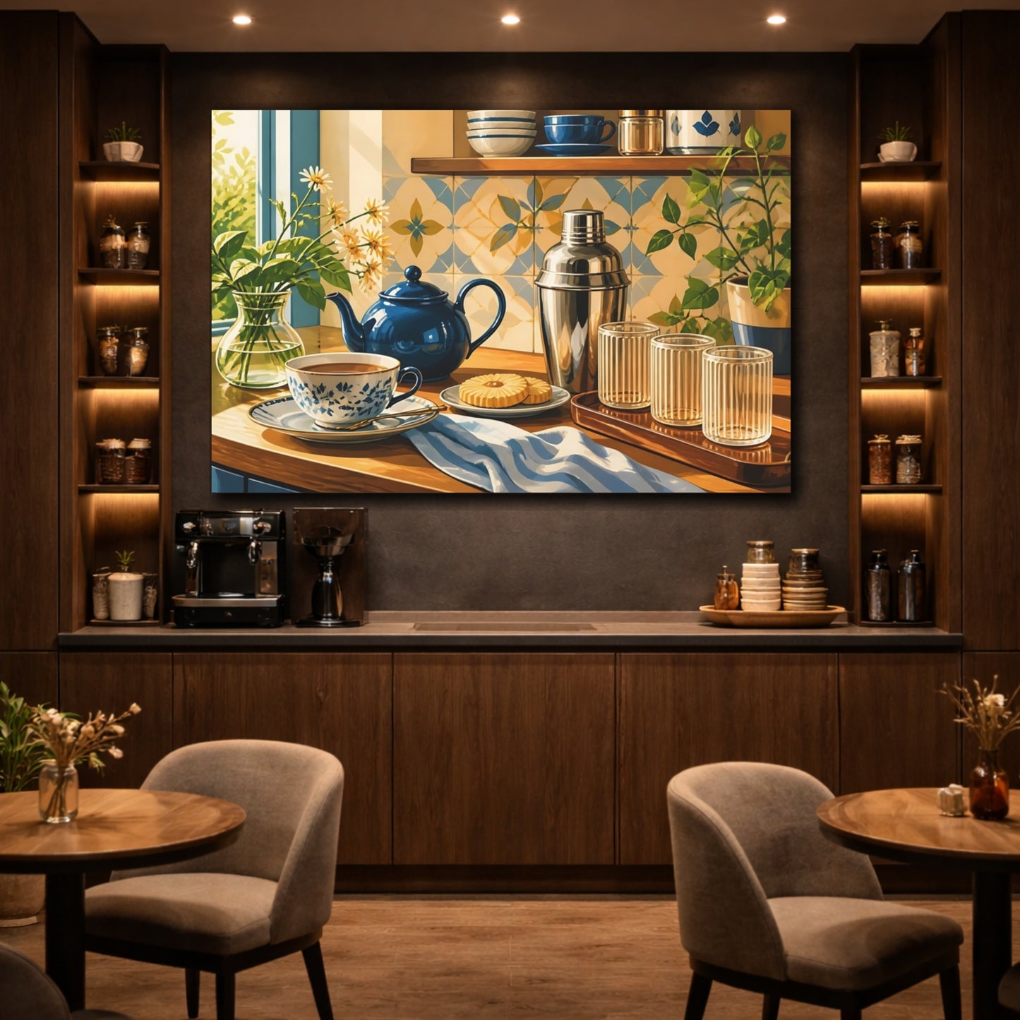 Mockup 4. Nature Tea Setting Blue And Gold Kitchen shown as stretched canvas wall art