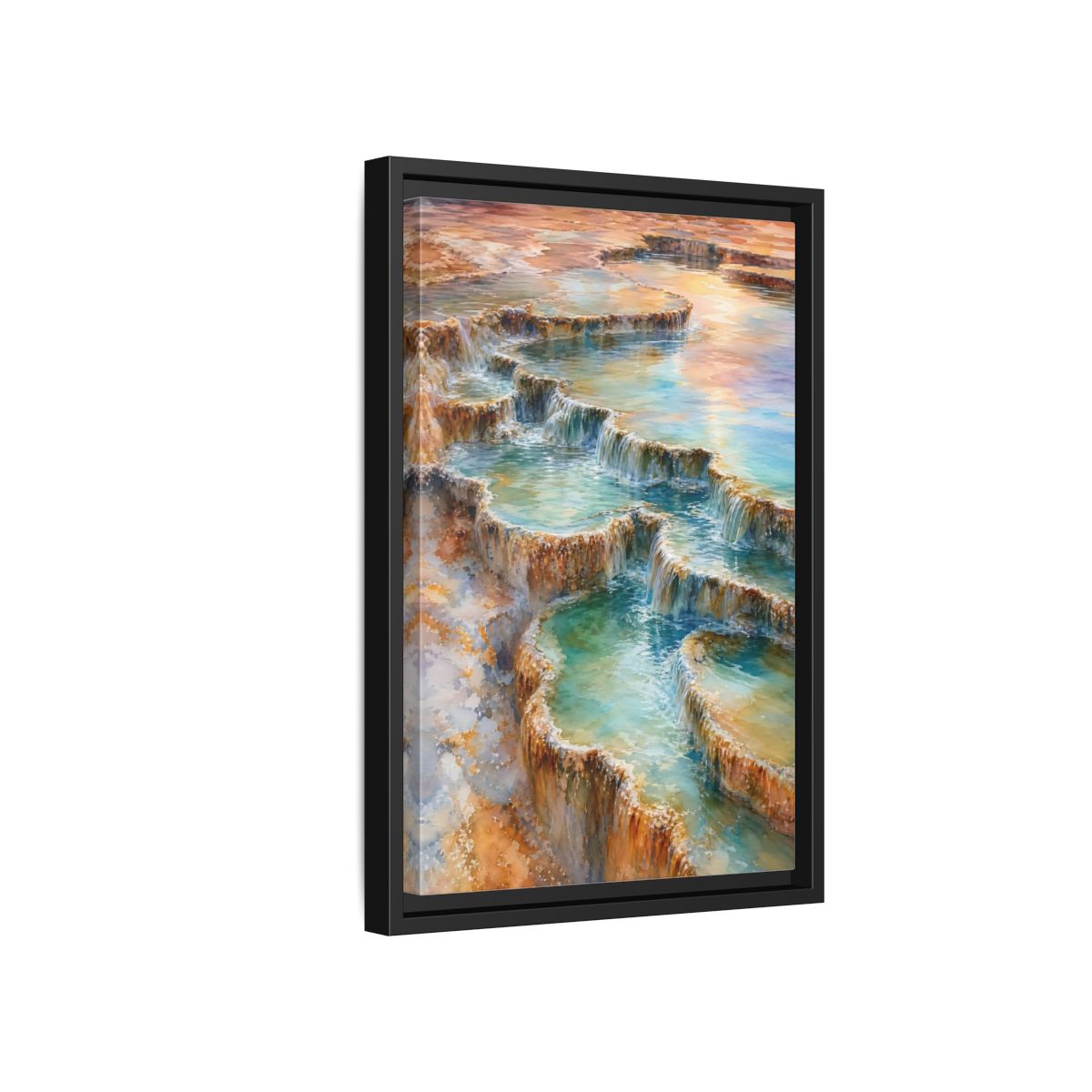 Side Mockup 6. Nature Terraced Waterfalls Turquoise Orange Waterfalls shown as stretched canvas wall art