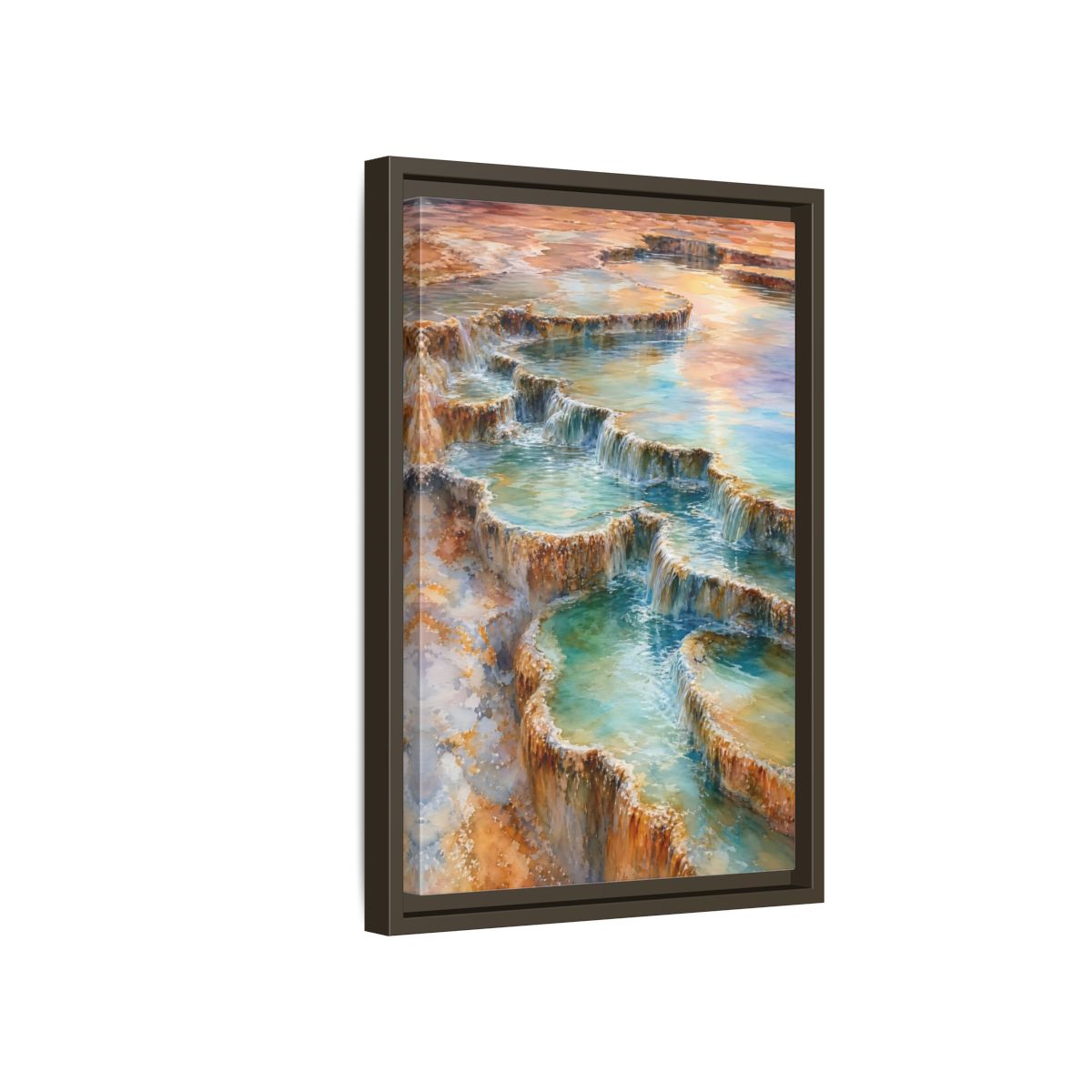 Side Mockup 5. Nature Terraced Waterfalls Turquoise Orange Waterfalls shown as stretched canvas wall art