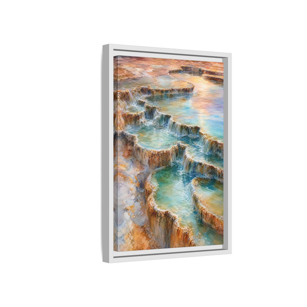 Side Mockup 4. Nature Terraced Waterfalls Turquoise Orange Waterfalls shown as stretched canvas wall art