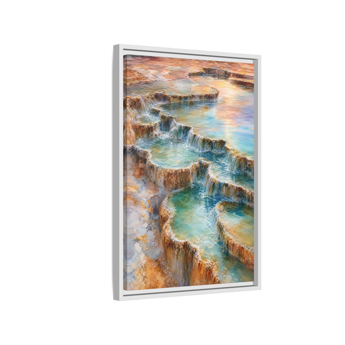 Side Mockup 1. Nature Terraced Waterfalls Turquoise Orange Waterfalls shown as stretched canvas wall art