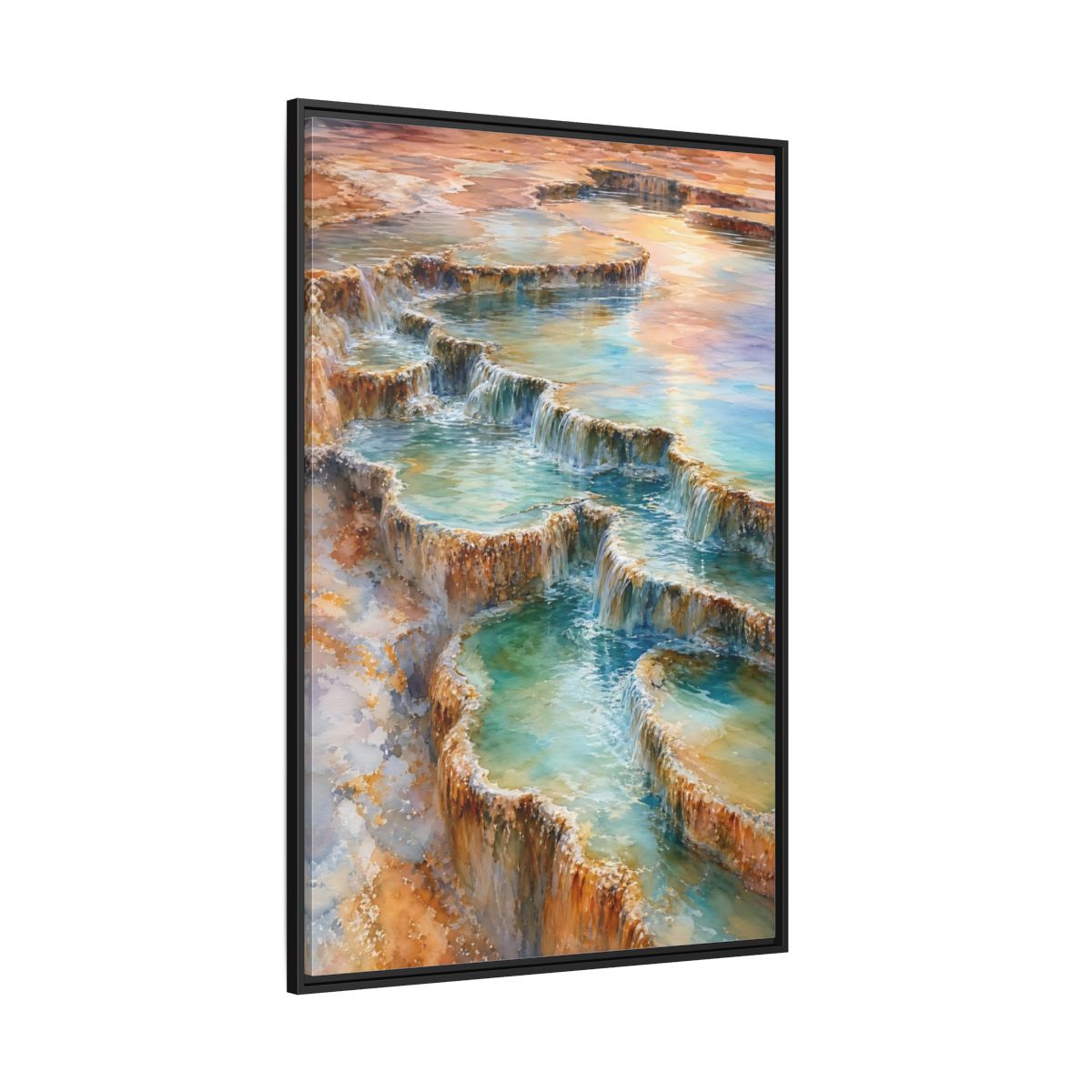 Side Mockup 12. Nature Terraced Waterfalls Turquoise Orange Waterfalls shown as stretched canvas wall art