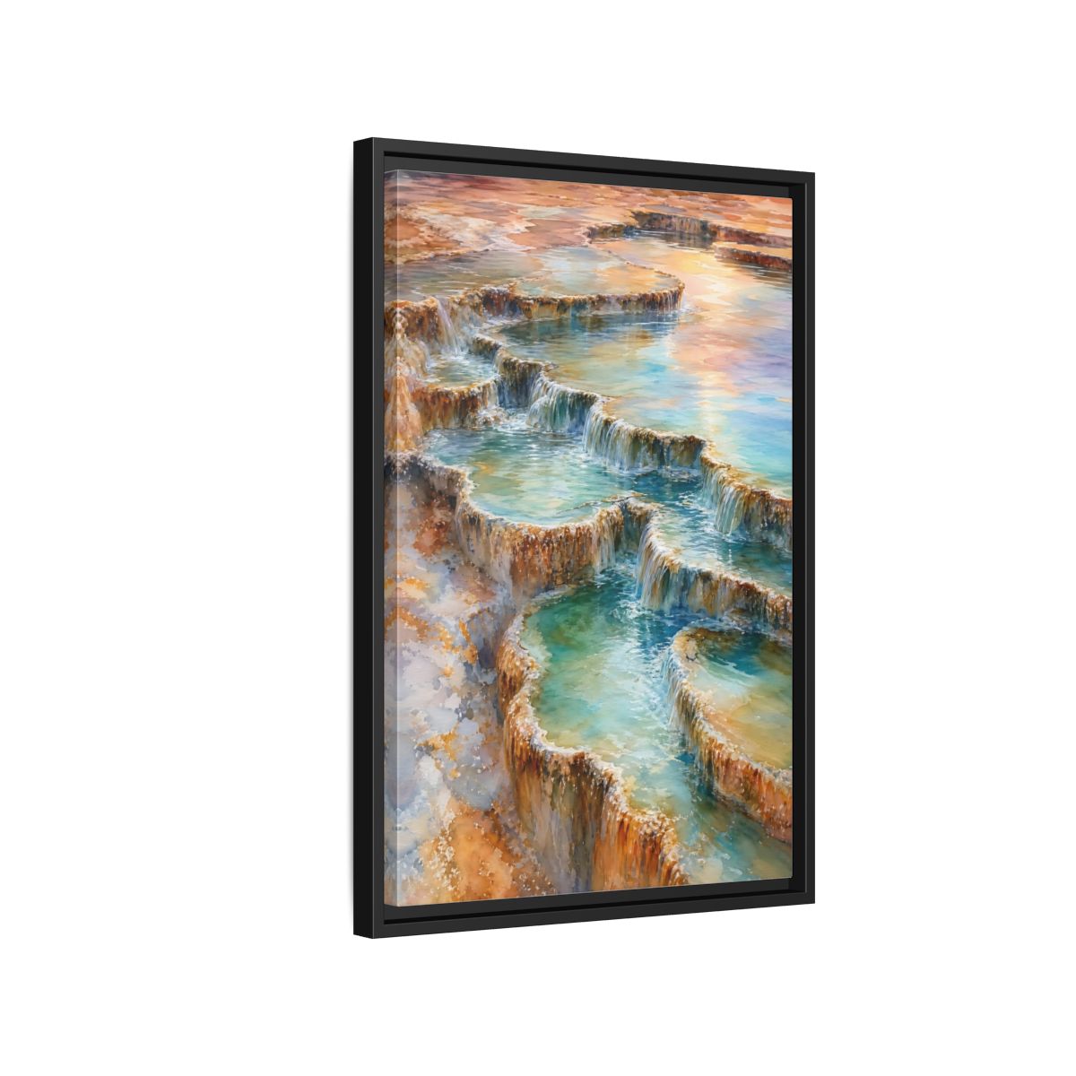 Side Mockup 3. Nature Terraced Waterfalls Turquoise Orange Waterfalls shown as stretched canvas wall art