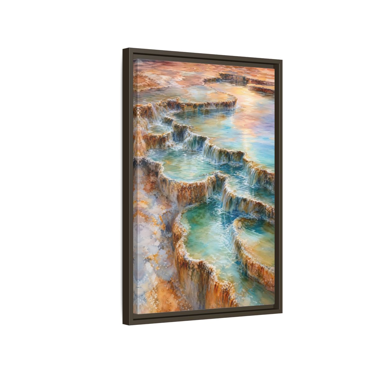 Side Mockup 2. Nature Terraced Waterfalls Turquoise Orange Waterfalls shown as stretched canvas wall art