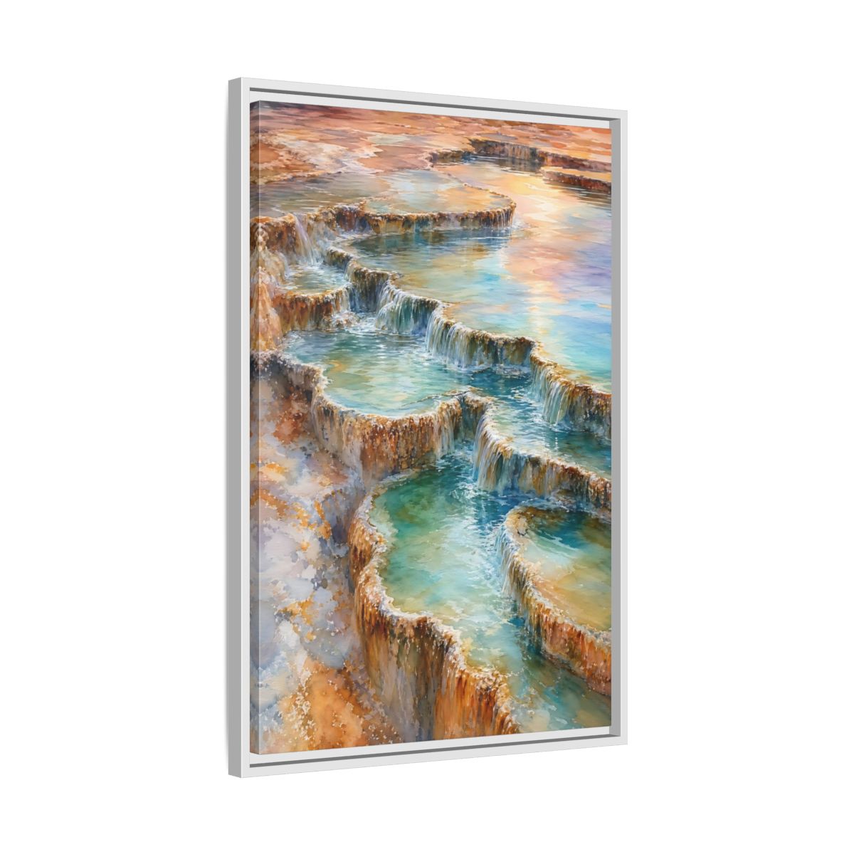 Side Mockup 10. Nature Terraced Waterfalls Turquoise Orange Waterfalls shown as stretched canvas wall art