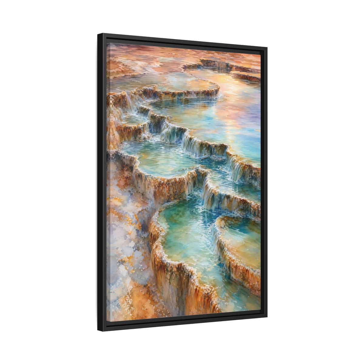 Side Mockup 14. Nature Terraced Waterfalls Turquoise Orange Waterfalls shown as stretched canvas wall art