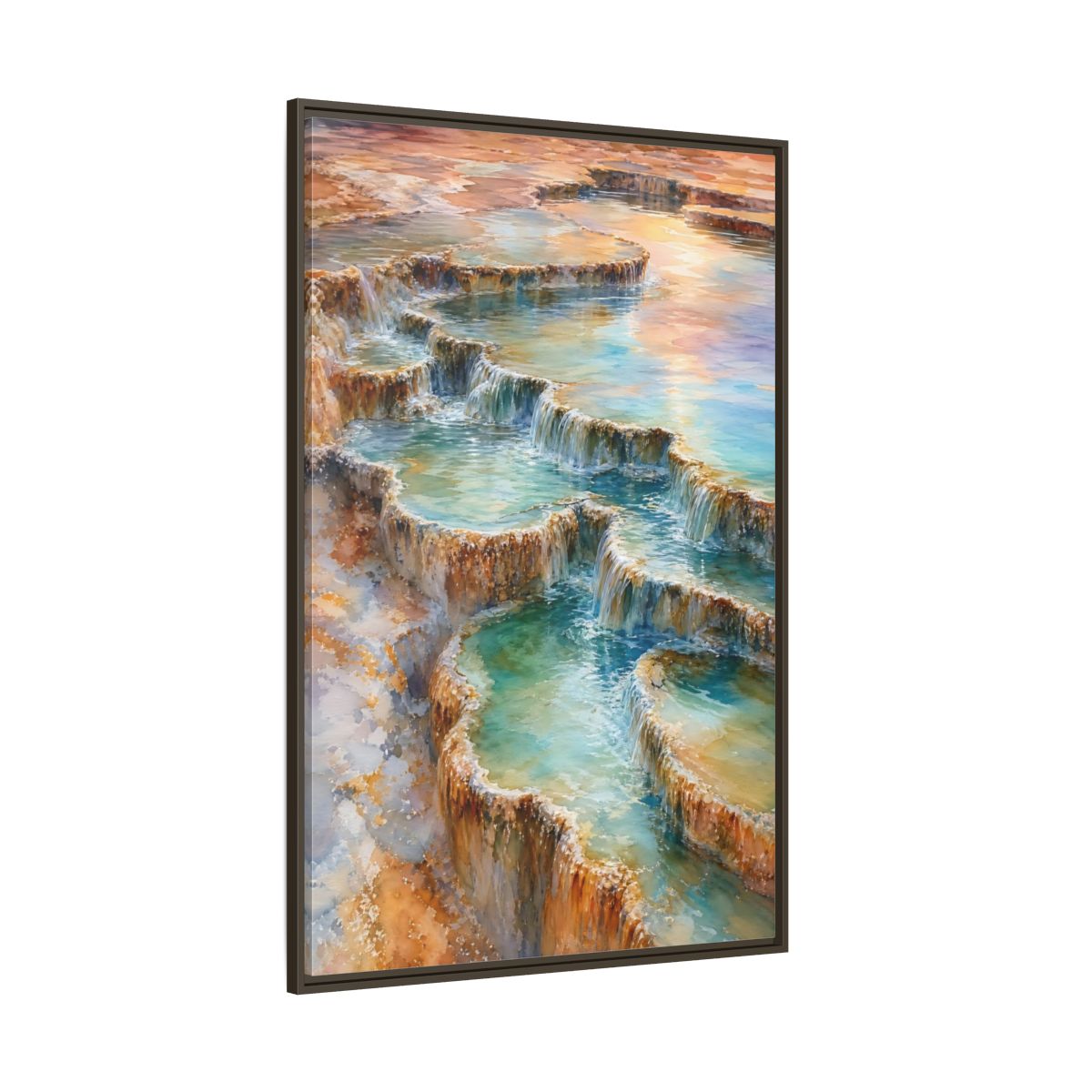 Side Mockup 8. Nature Terraced Waterfalls Turquoise Orange Waterfalls shown as stretched canvas wall art