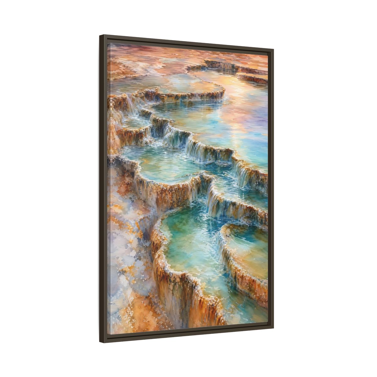 Main Mockup. Nature Terraced Waterfalls Turquoise Orange Waterfalls shown as stretched canvas wall art