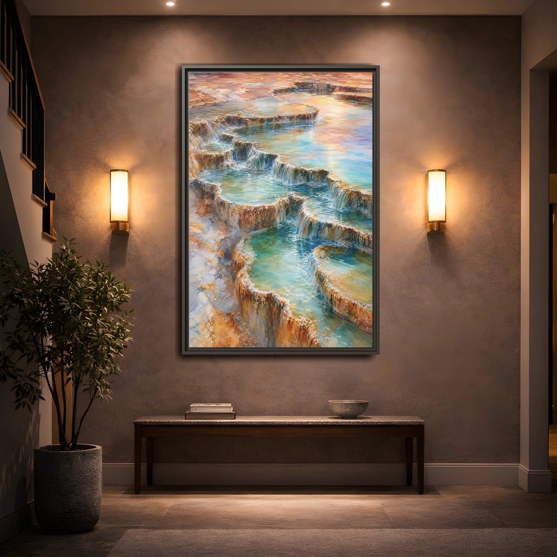 Mockup 2. Nature Terraced Waterfalls Turquoise Orange Waterfalls shown as stretched canvas wall art