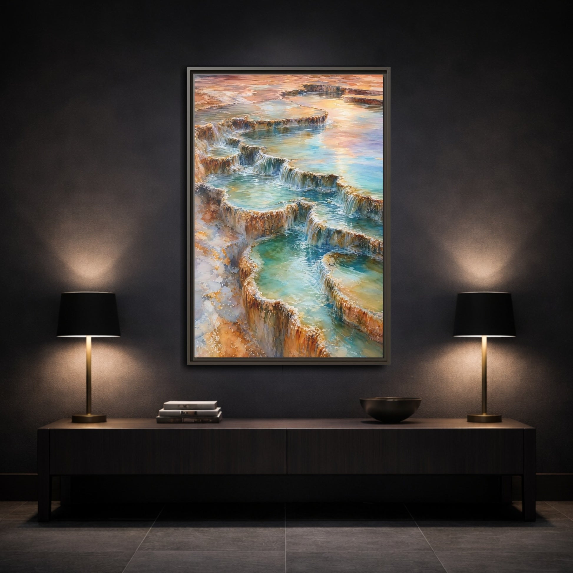 Mockup 3. Nature Terraced Waterfalls Turquoise Orange Waterfalls shown as stretched canvas wall art