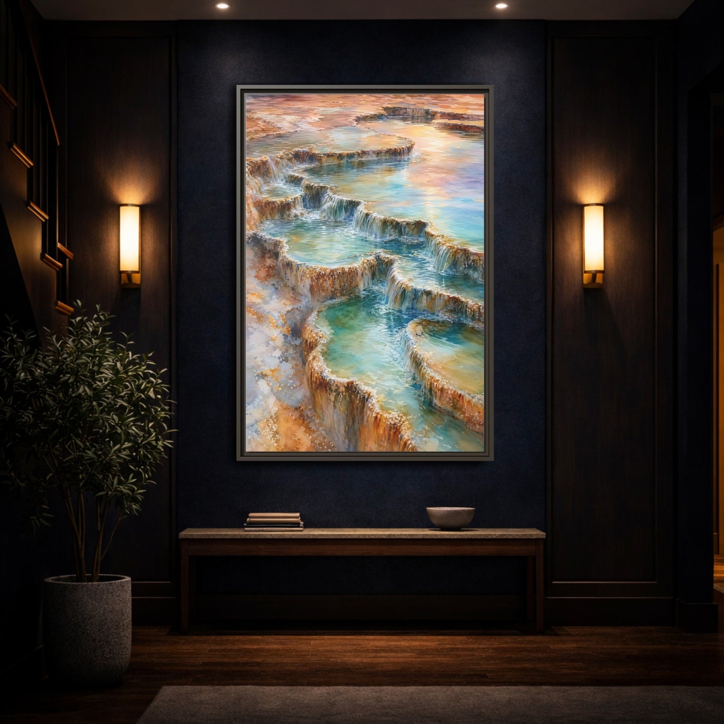 Mockup 4. Nature Terraced Waterfalls Turquoise Orange Waterfalls shown as stretched canvas wall art