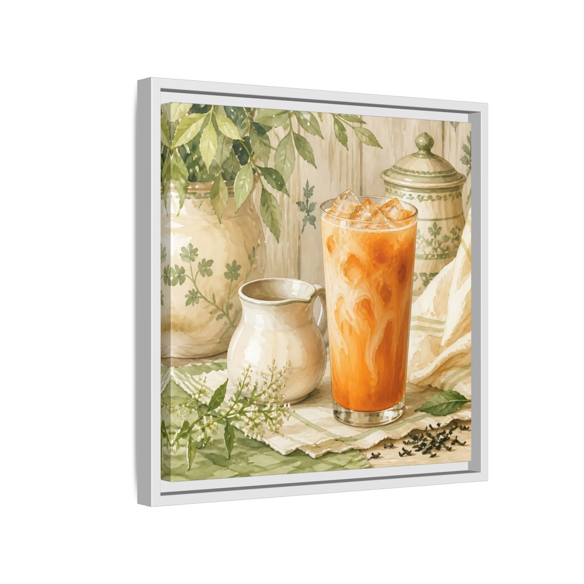 Side Mockup 13. Nature Thai Tea Orange And Green shown as stretched canvas wall art