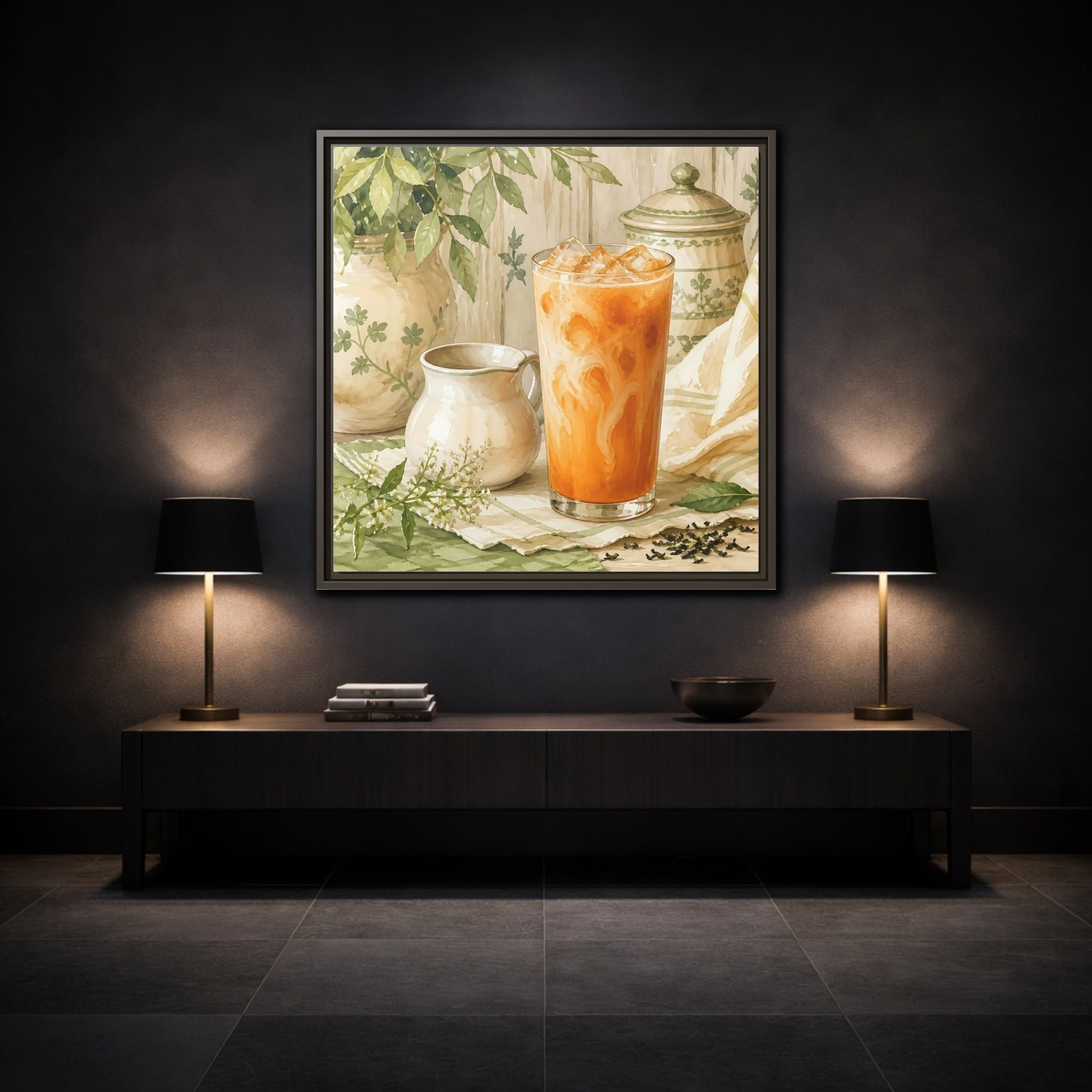 Mockup 3. Nature Thai Tea Orange And Green shown as stretched canvas wall art