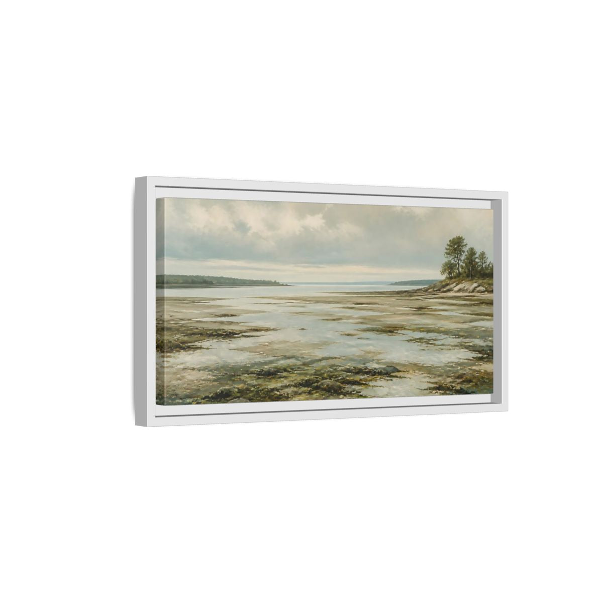 Side Mockup 6. Nature Tidal Flats Muted Coastal Scene shown as stretched canvas wall art
