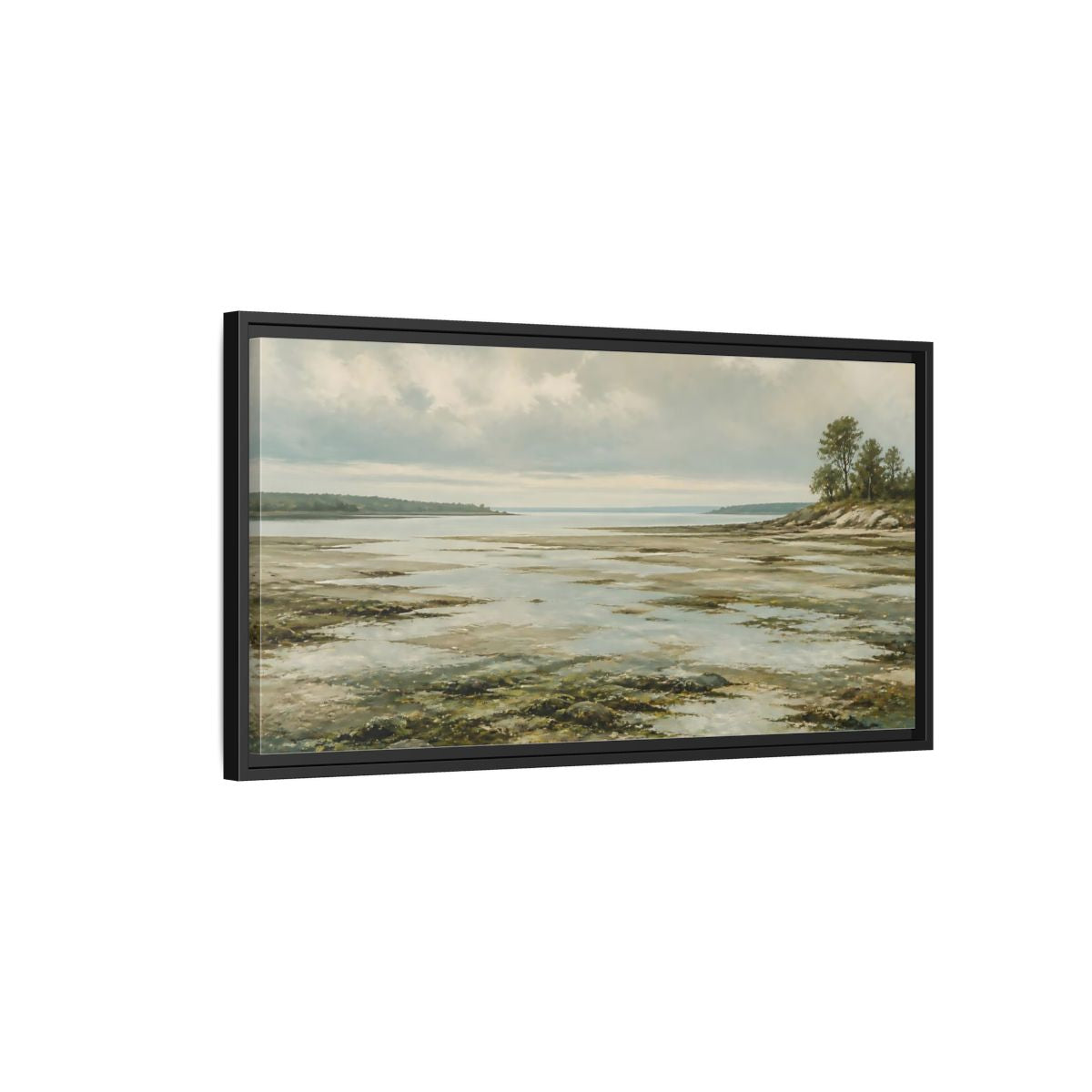 Side Mockup 2. Nature Tidal Flats Muted Coastal Scene shown as stretched canvas wall art