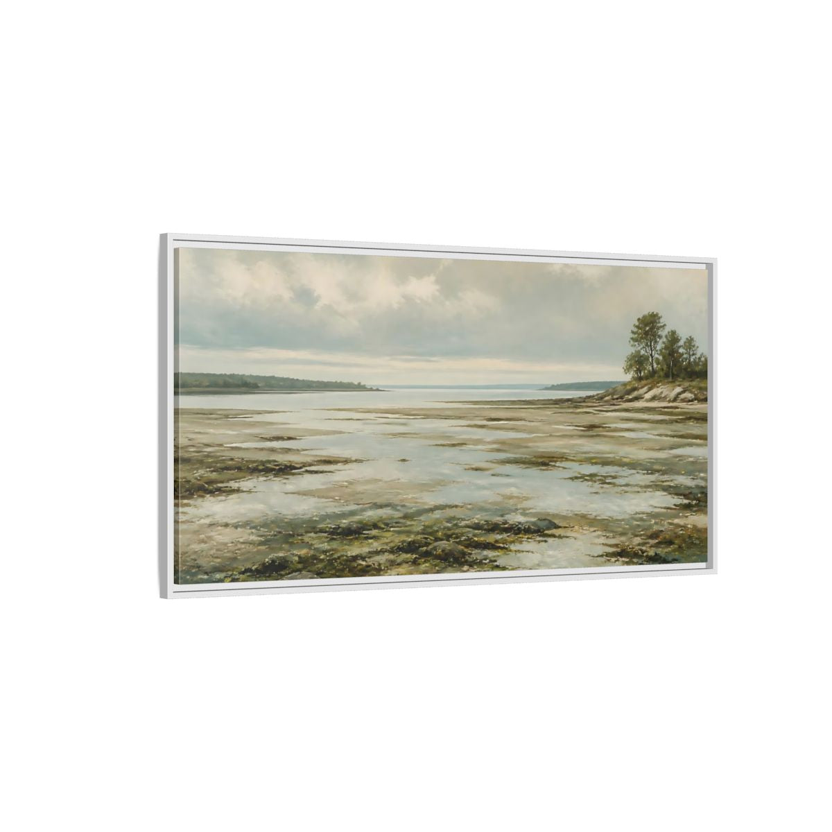 Side Mockup 3. Nature Tidal Flats Muted Coastal Scene shown as stretched canvas wall art