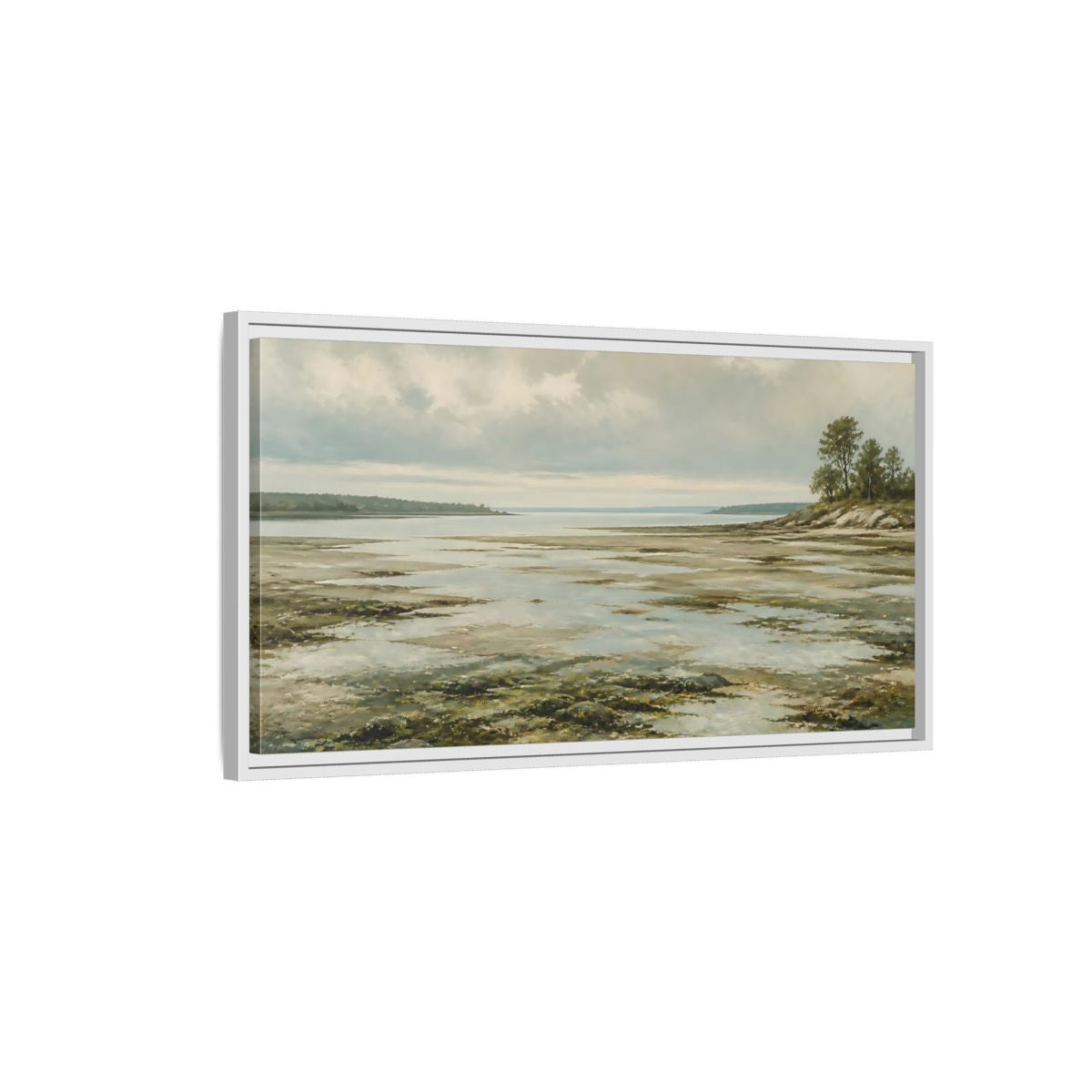 Side Mockup 1. Nature Tidal Flats Muted Coastal Scene shown as stretched canvas wall art