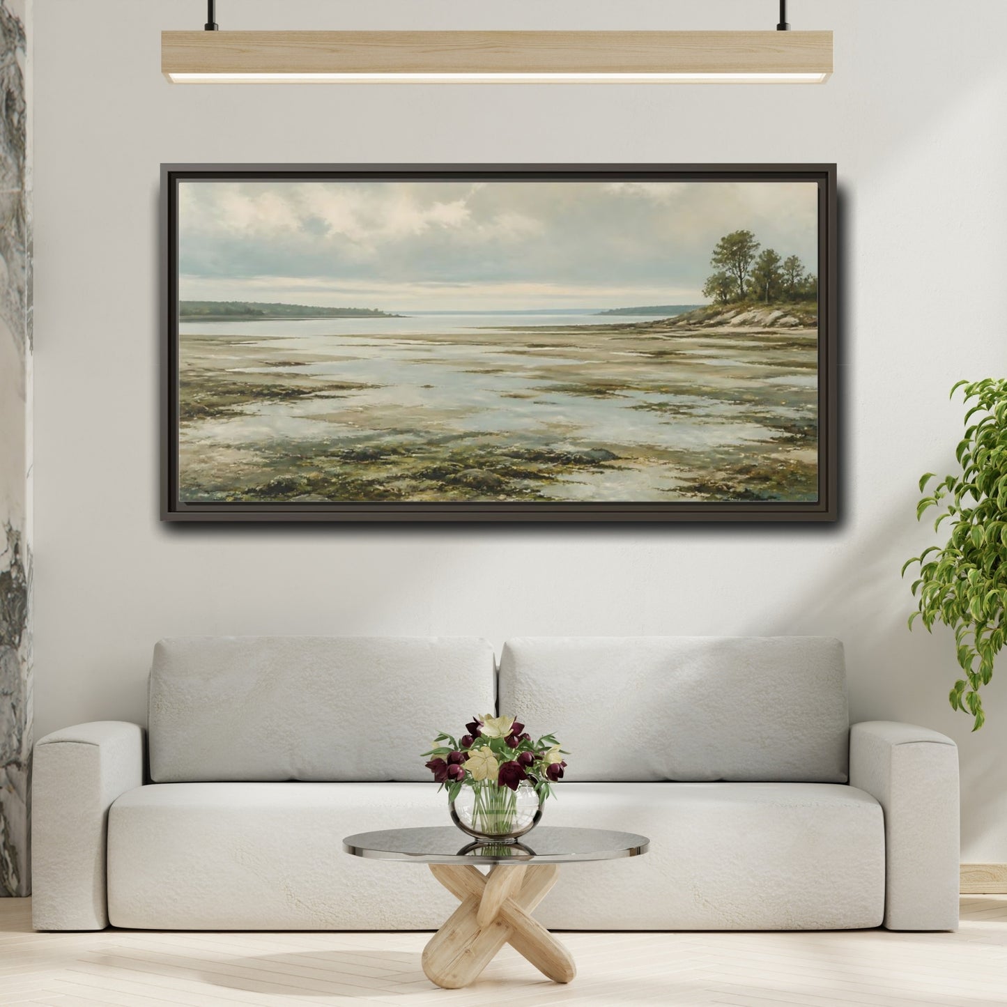 Mockup 2. Nature Tidal Flats Muted Coastal Scene shown as stretched canvas wall art