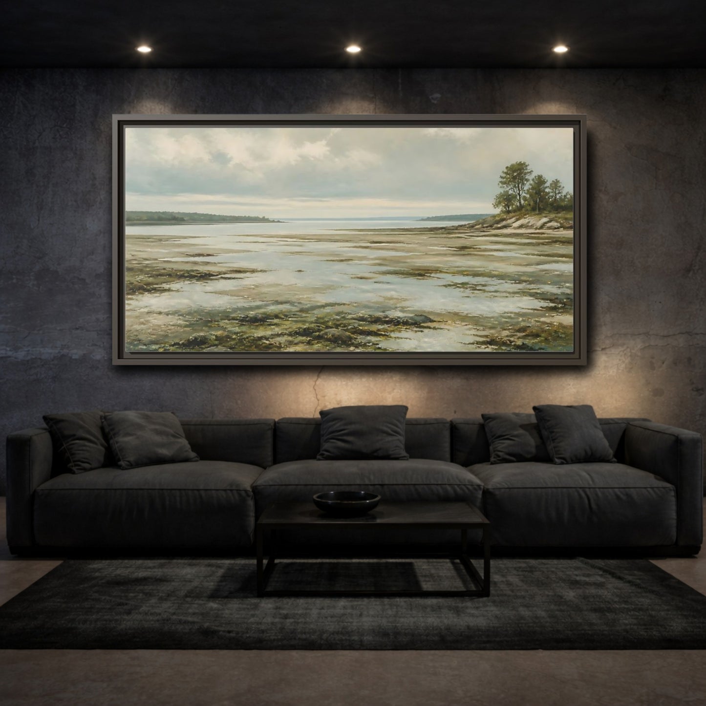 Mockup 3. Nature Tidal Flats Muted Coastal Scene shown as stretched canvas wall art