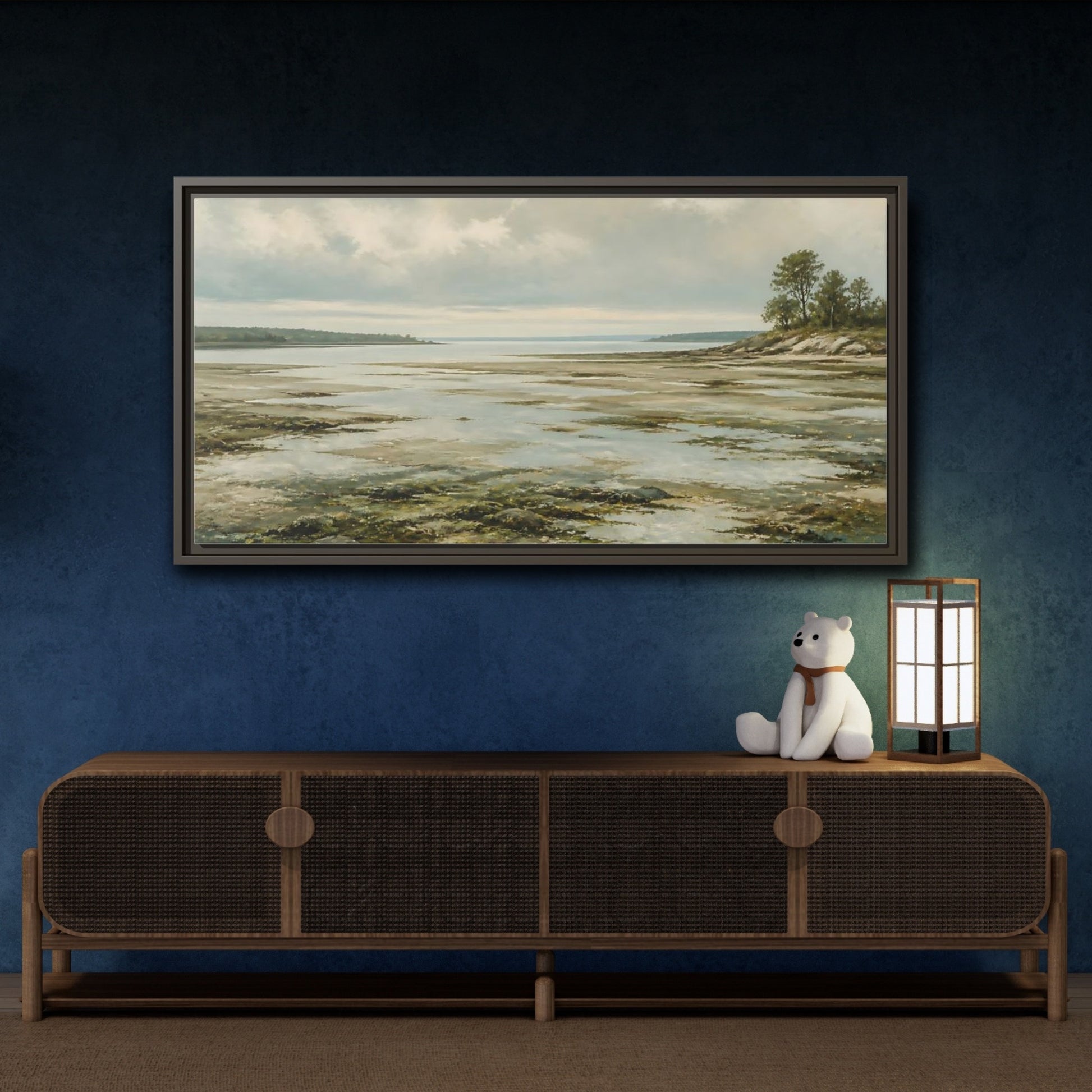 Mockup 4. Nature Tidal Flats Muted Coastal Scene shown as stretched canvas wall art