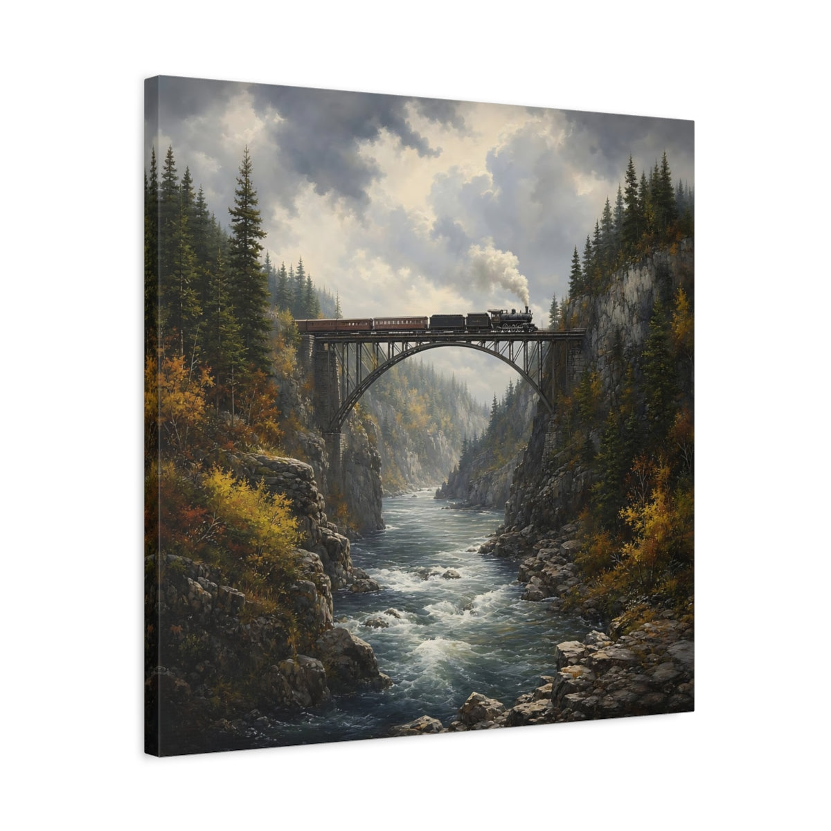 Side Mockup 4. Nature Train On Bridge Dramatic Train shown as stretched canvas wall art