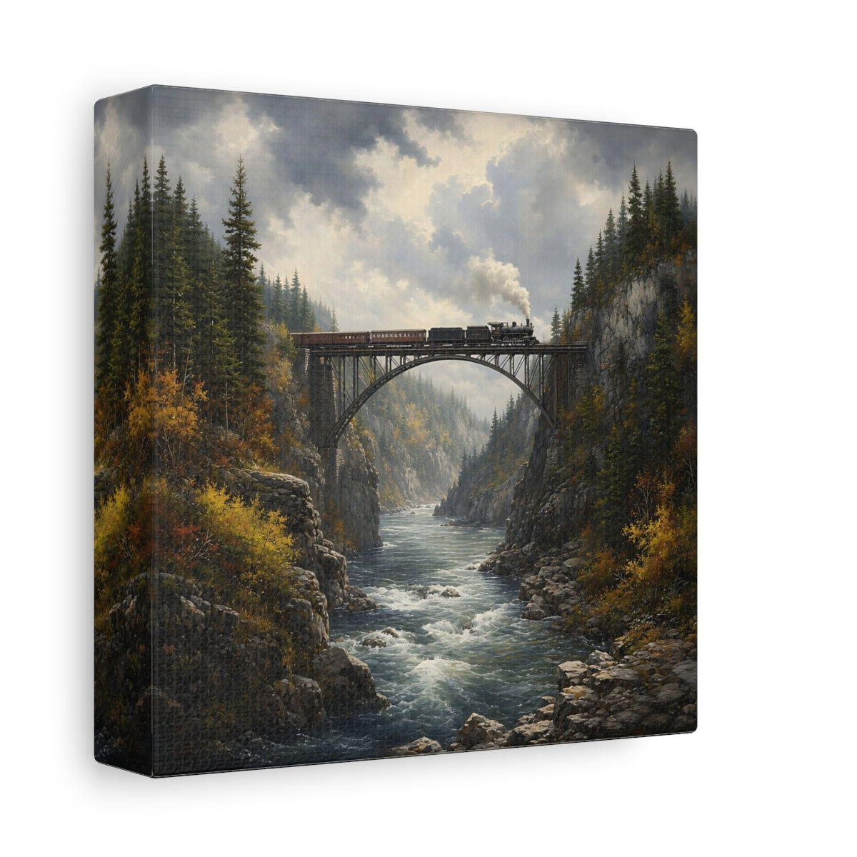 Side Mockup 2. Nature Train On Bridge Dramatic Train shown as stretched canvas wall art