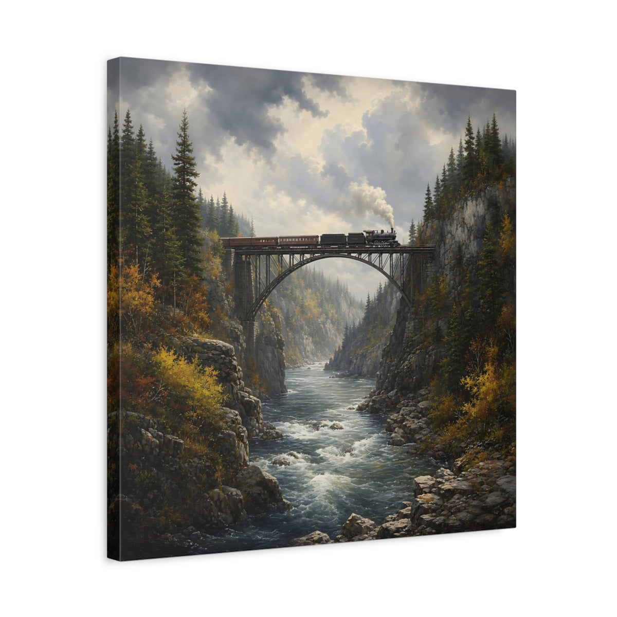 Side Mockup 5. Nature Train On Bridge Dramatic Train shown as stretched canvas wall art