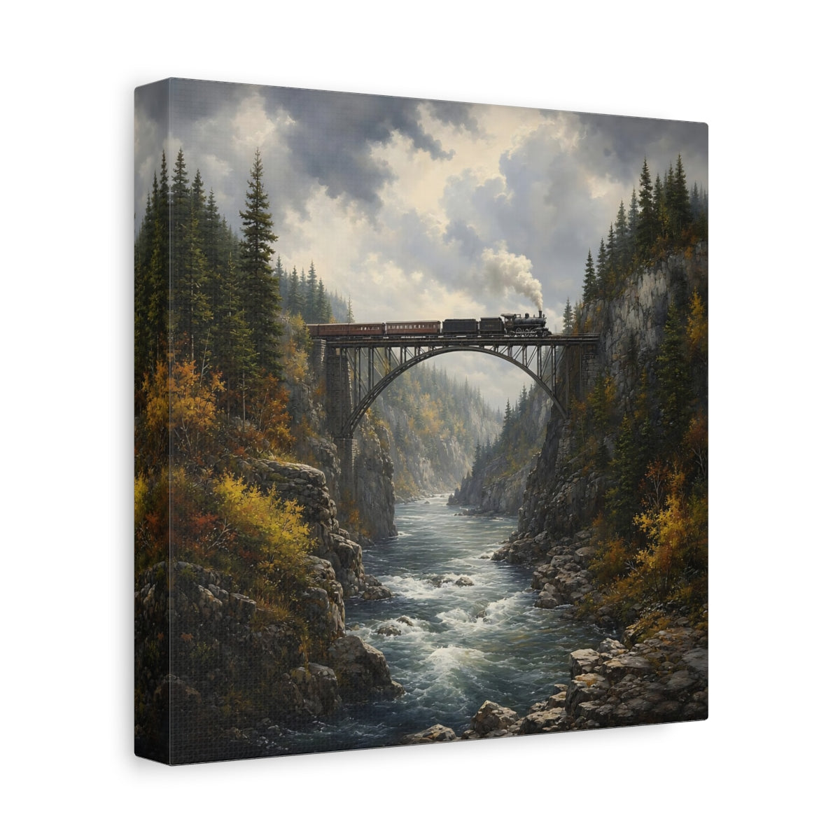 Side Mockup 9. Nature Train On Bridge Dramatic Train shown as stretched canvas wall art