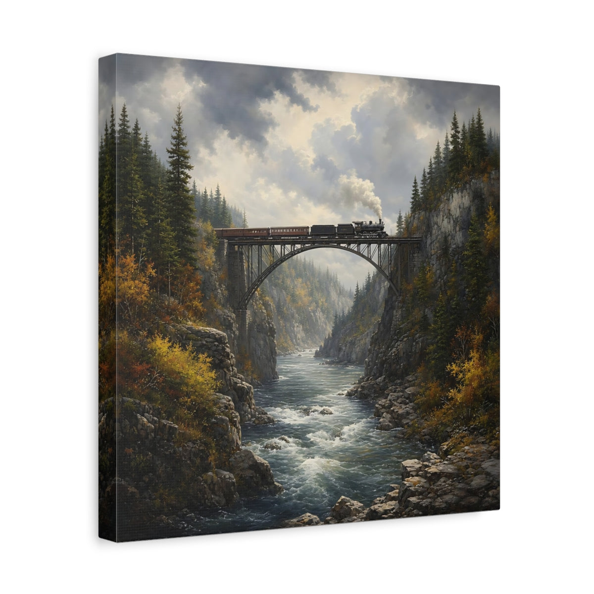 Side Mockup 7. Nature Train On Bridge Dramatic Train shown as stretched canvas wall art