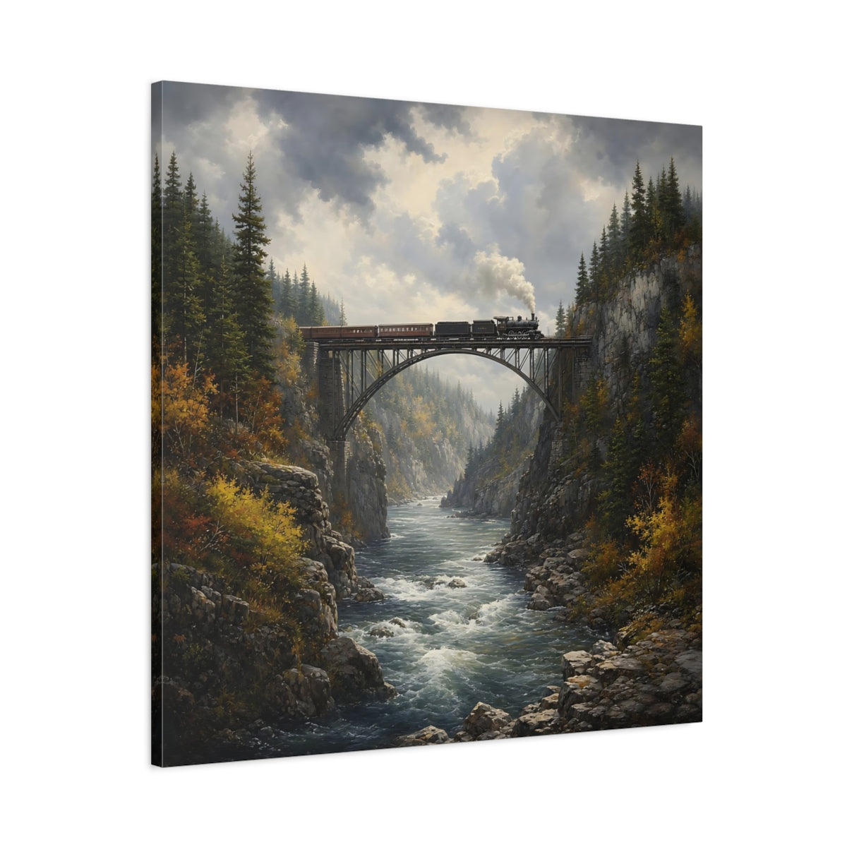 Main Mockup. Nature Train On Bridge Dramatic Train shown as stretched canvas wall art