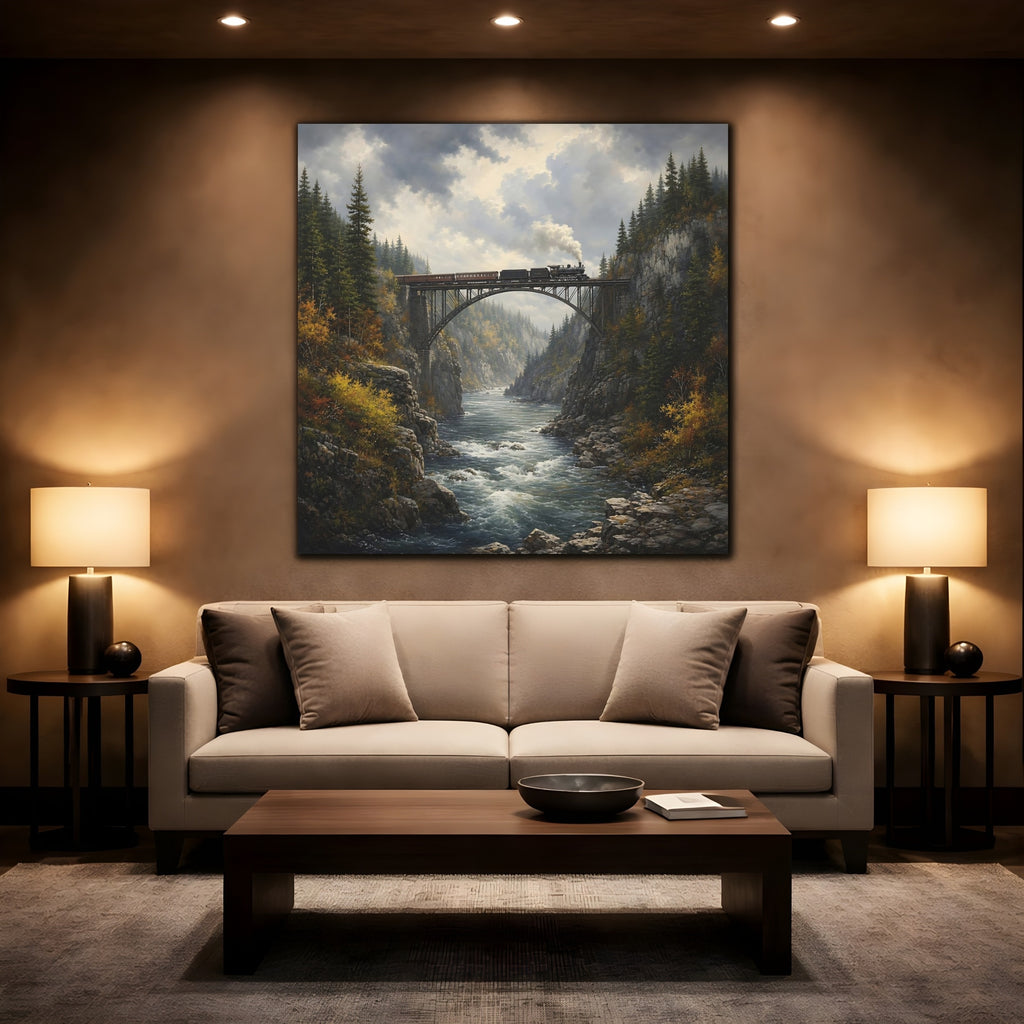 Mockup 2. Nature Train On Bridge Dramatic Train shown as stretched canvas wall art