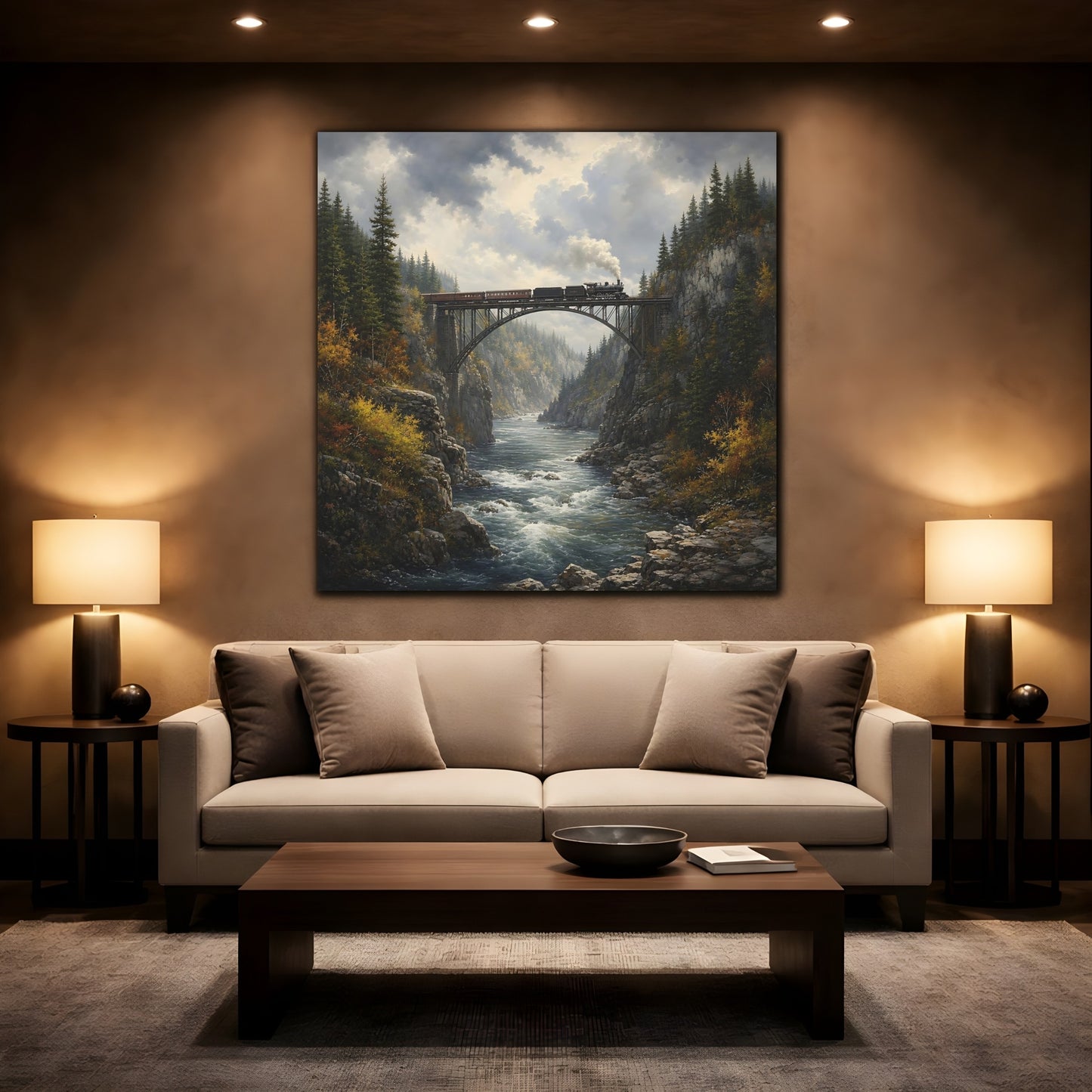 Mockup 2. Nature Train On Bridge Dramatic Train shown as stretched canvas wall art