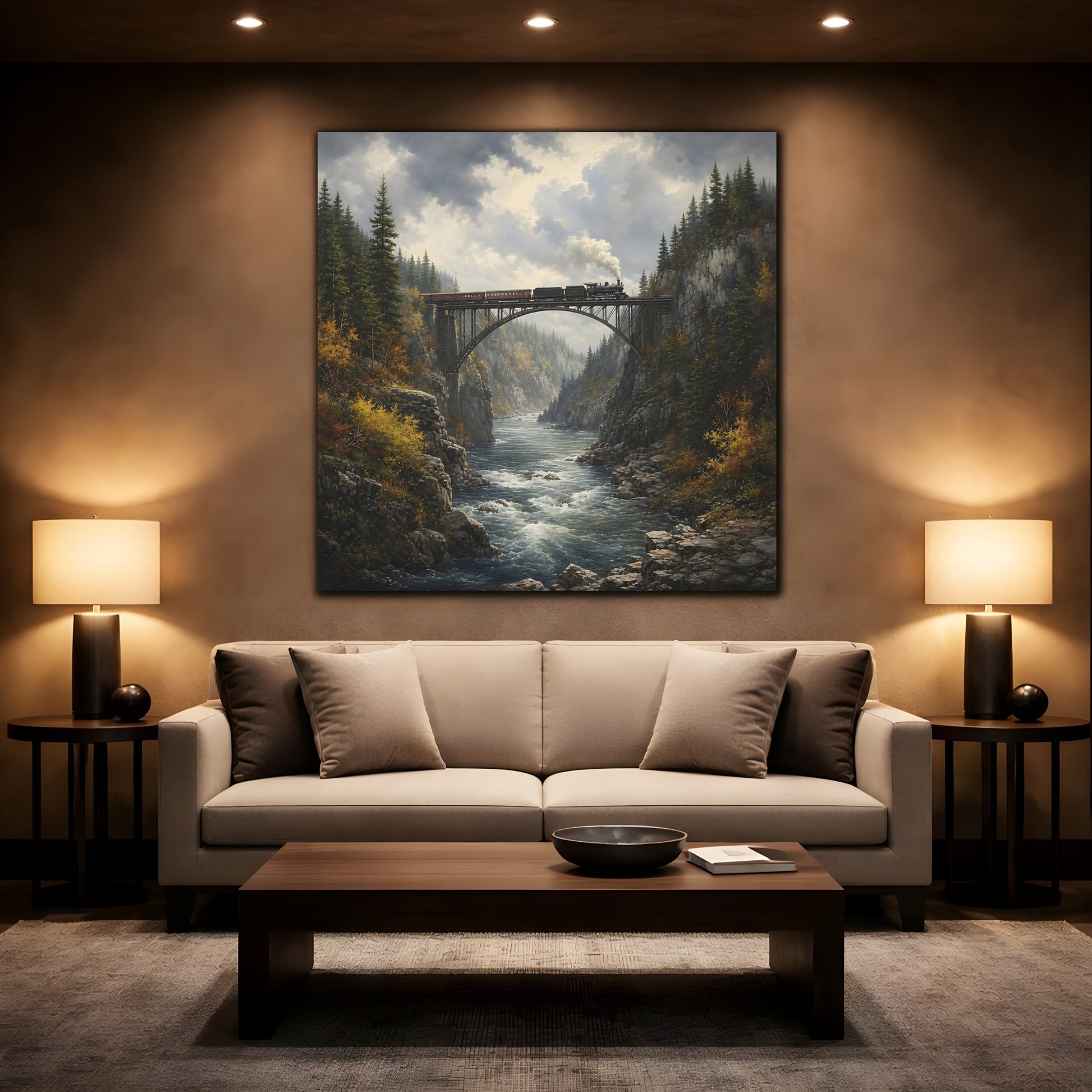 Mockup 2. Nature Train On Bridge Dramatic Train shown as stretched canvas wall art