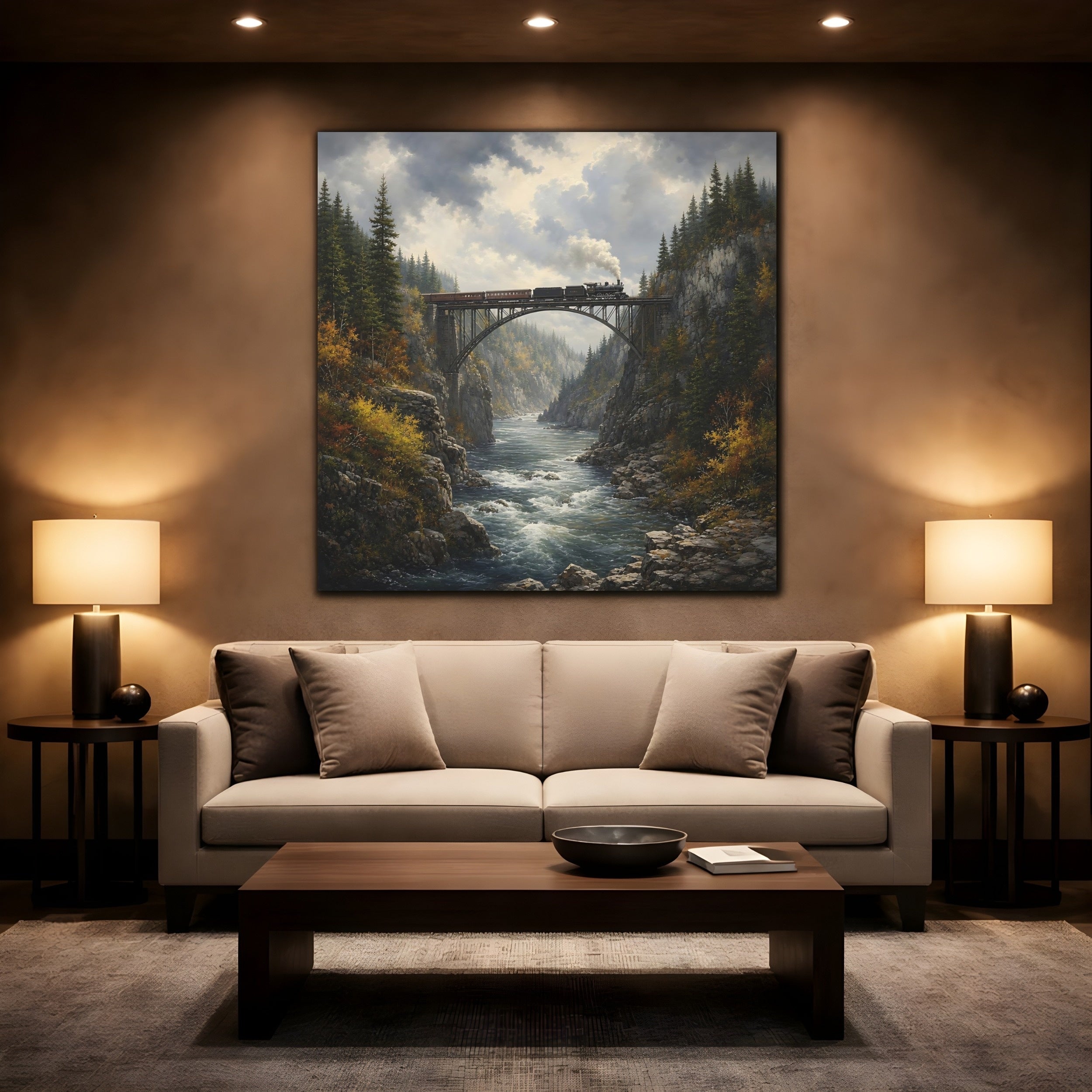 Mockup 2. Nature Train On Bridge Dramatic Train shown as stretched canvas wall art