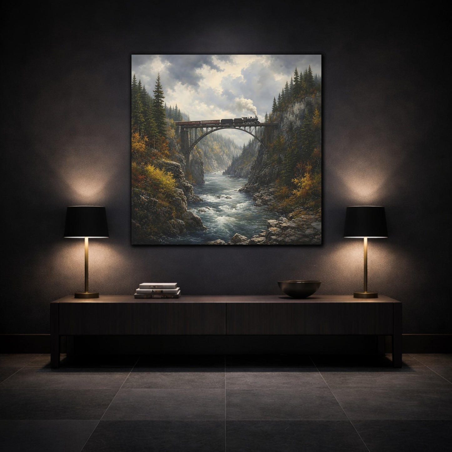 Mockup 3. Nature Train On Bridge Dramatic Train shown as stretched canvas wall art