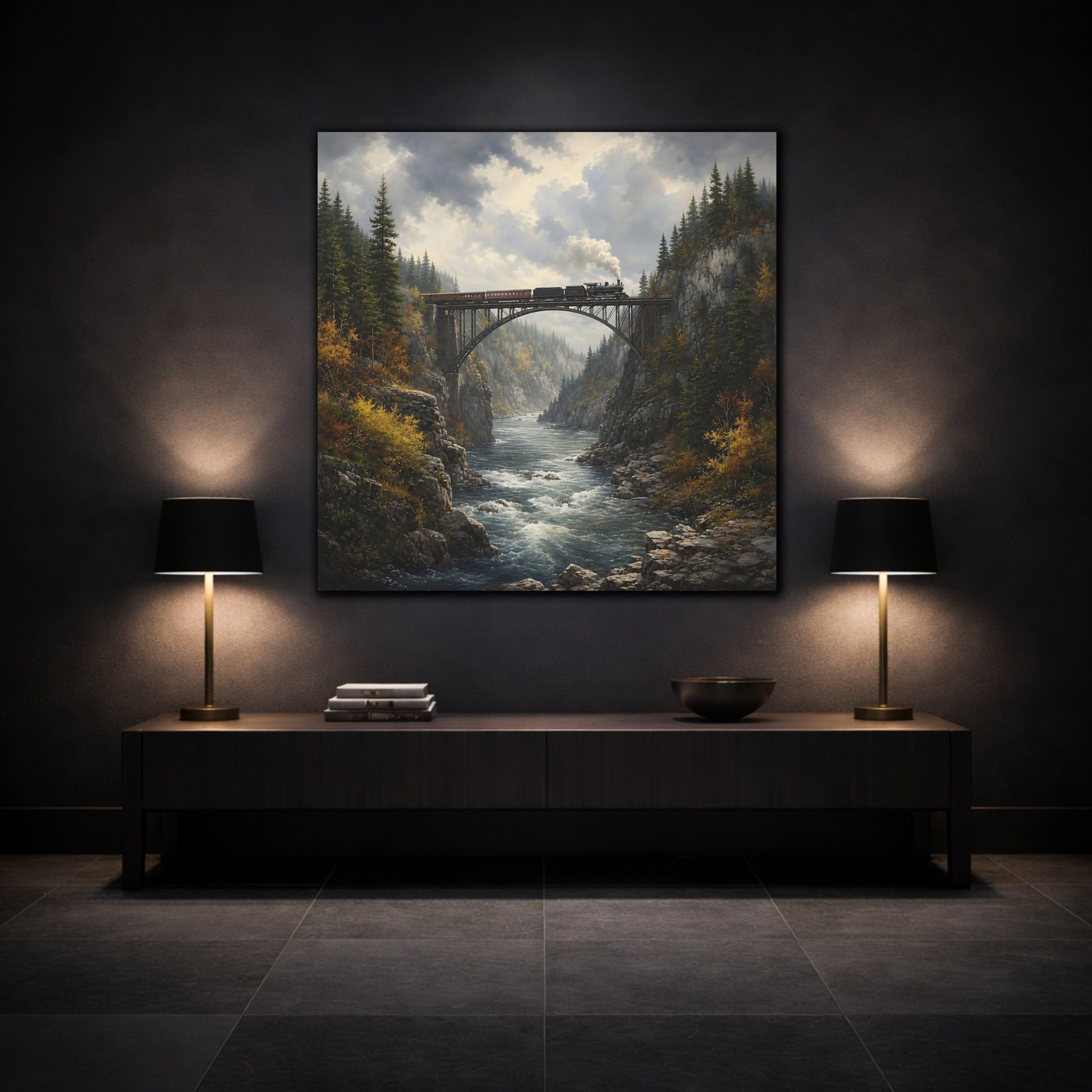 Mockup 3. Nature Train On Bridge Dramatic Train shown as stretched canvas wall art