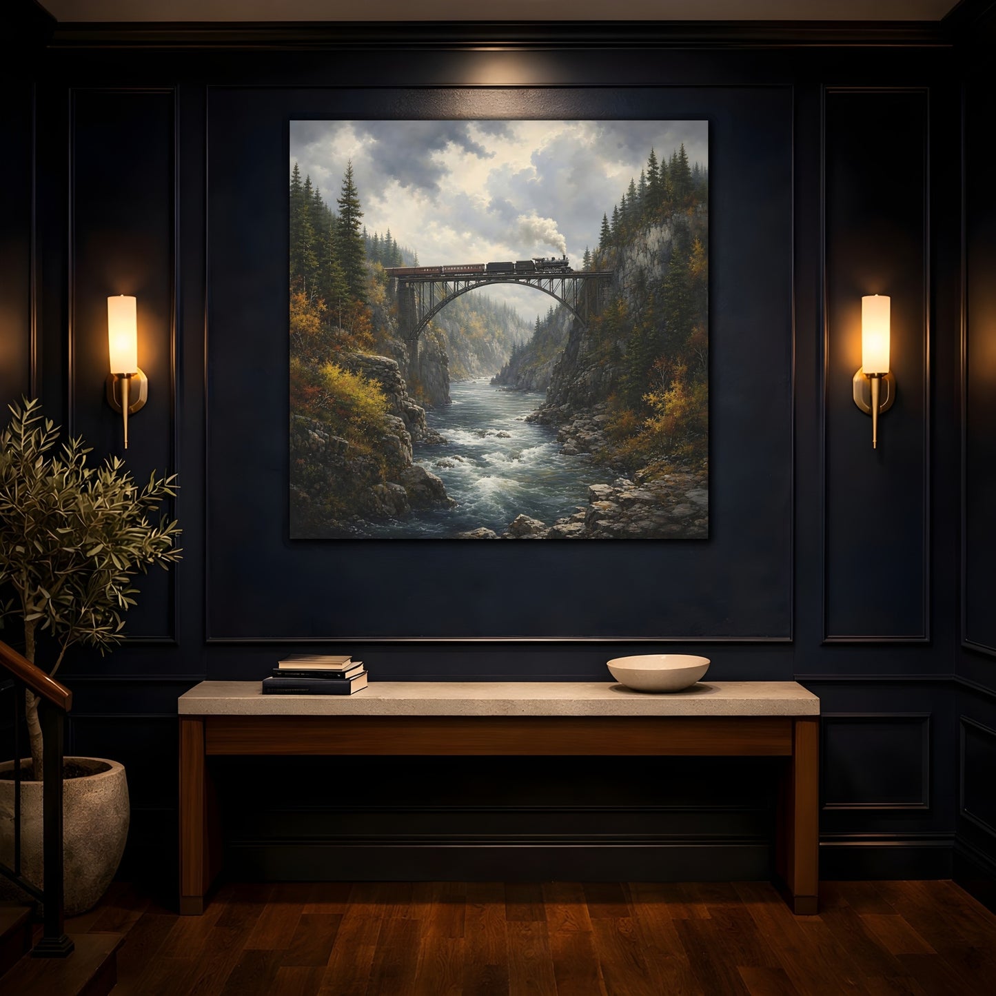 Mockup 4. Nature Train On Bridge Dramatic Train shown as stretched canvas wall art