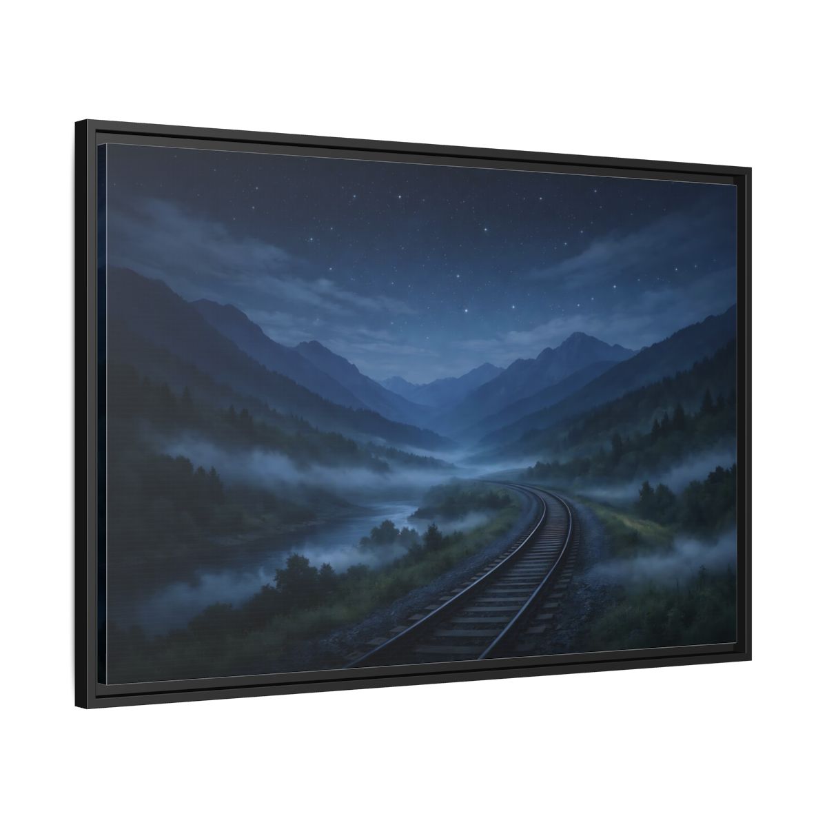 Side Mockup 13. Nature Train Tracks Misty Night Landscape shown as stretched canvas wall art