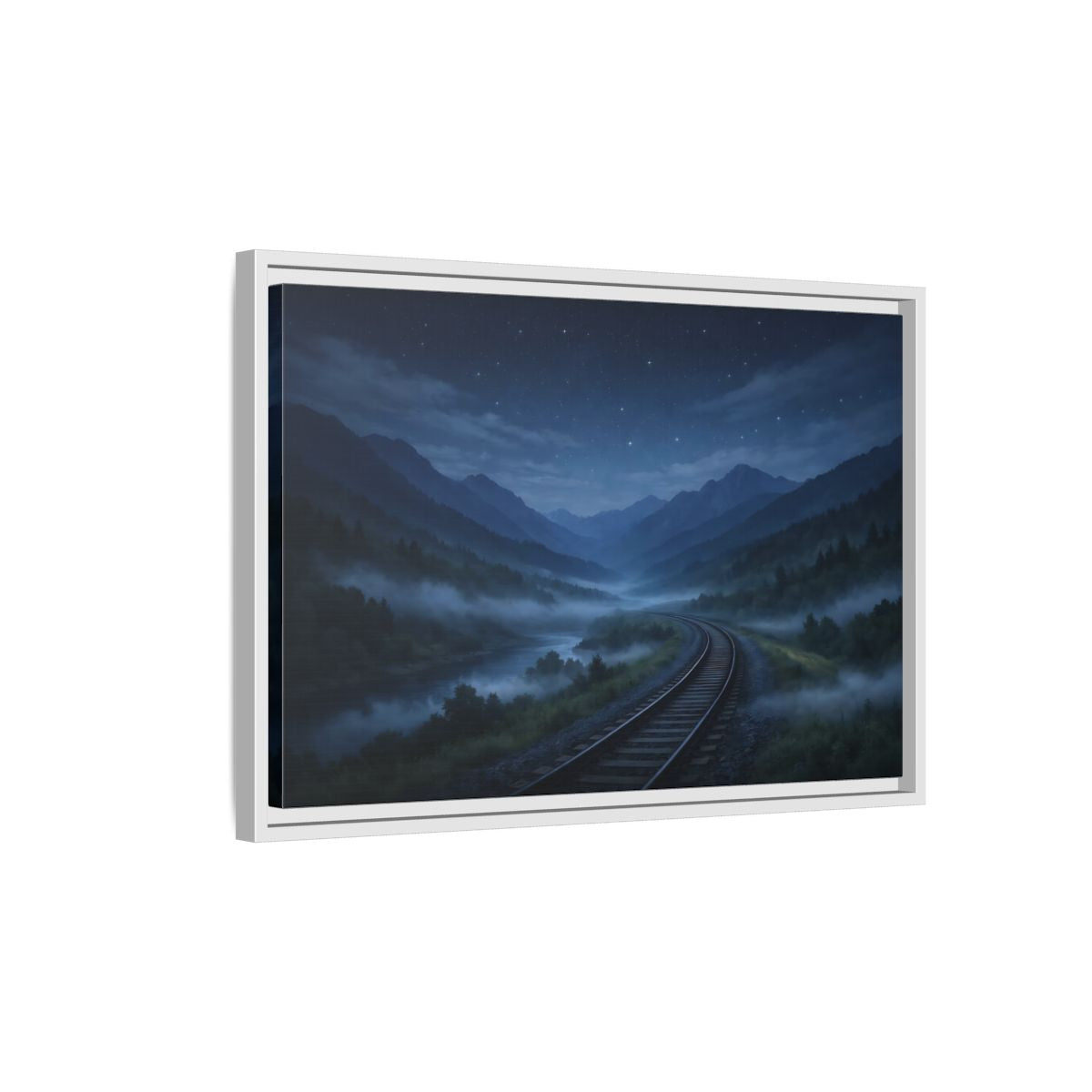 Side Mockup 1. Nature Train Tracks Misty Night Landscape shown as stretched canvas wall art
