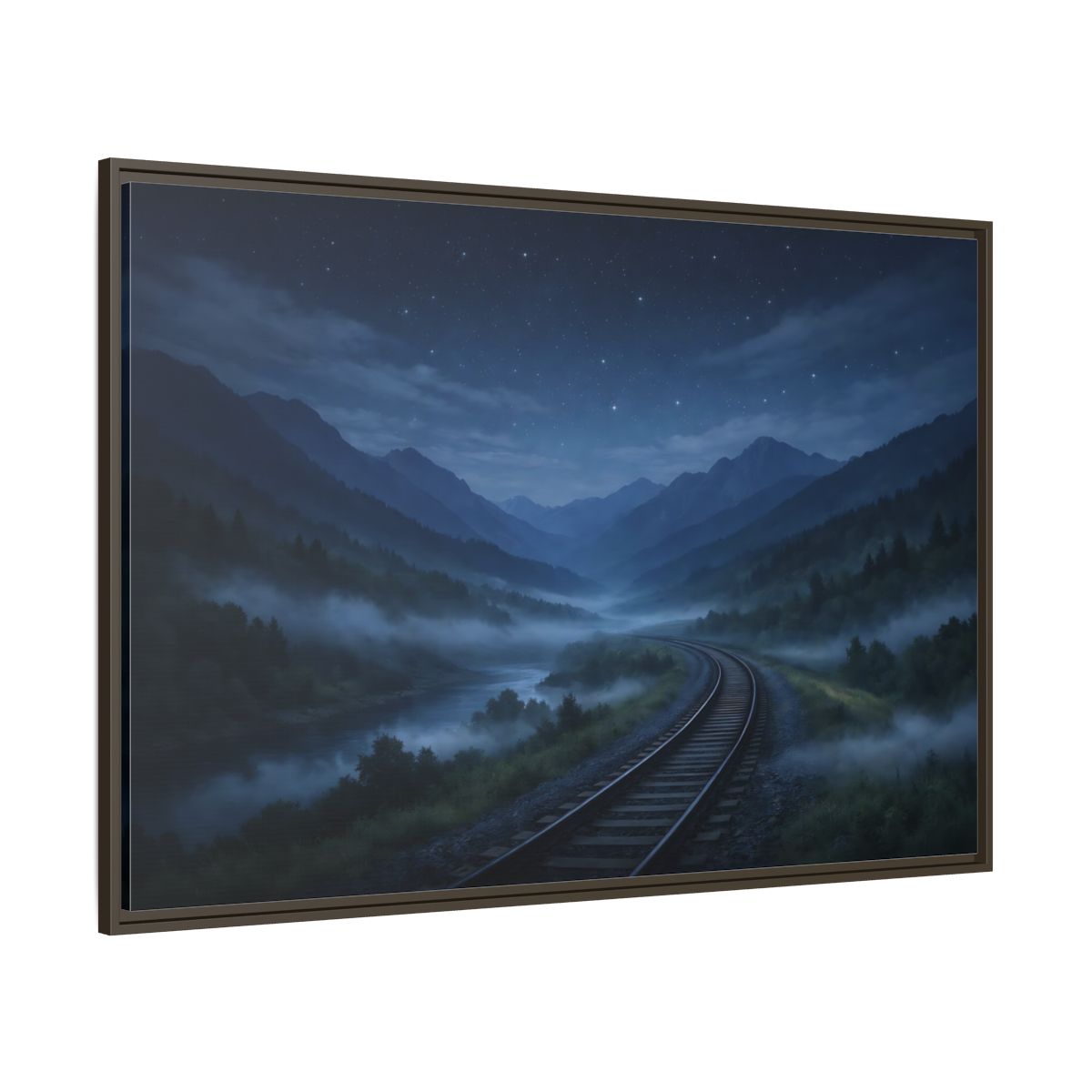 Side Mockup 8. Nature Train Tracks Misty Night Landscape shown as stretched canvas wall art