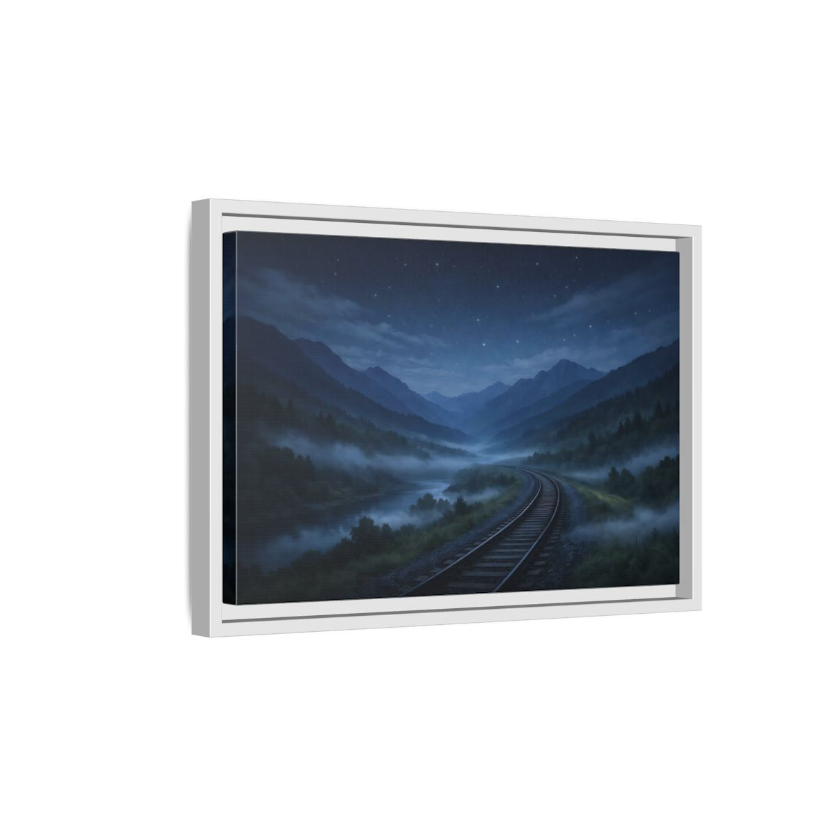 Side Mockup 4. Nature Train Tracks Misty Night Landscape shown as stretched canvas wall art