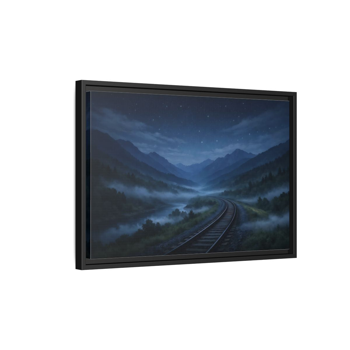 Side Mockup 3. Nature Train Tracks Misty Night Landscape shown as stretched canvas wall art