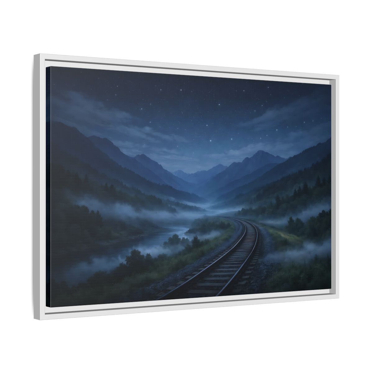 Side Mockup 10. Nature Train Tracks Misty Night Landscape shown as stretched canvas wall art