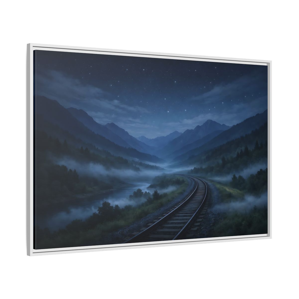 Side Mockup 7. Nature Train Tracks Misty Night Landscape shown as stretched canvas wall art