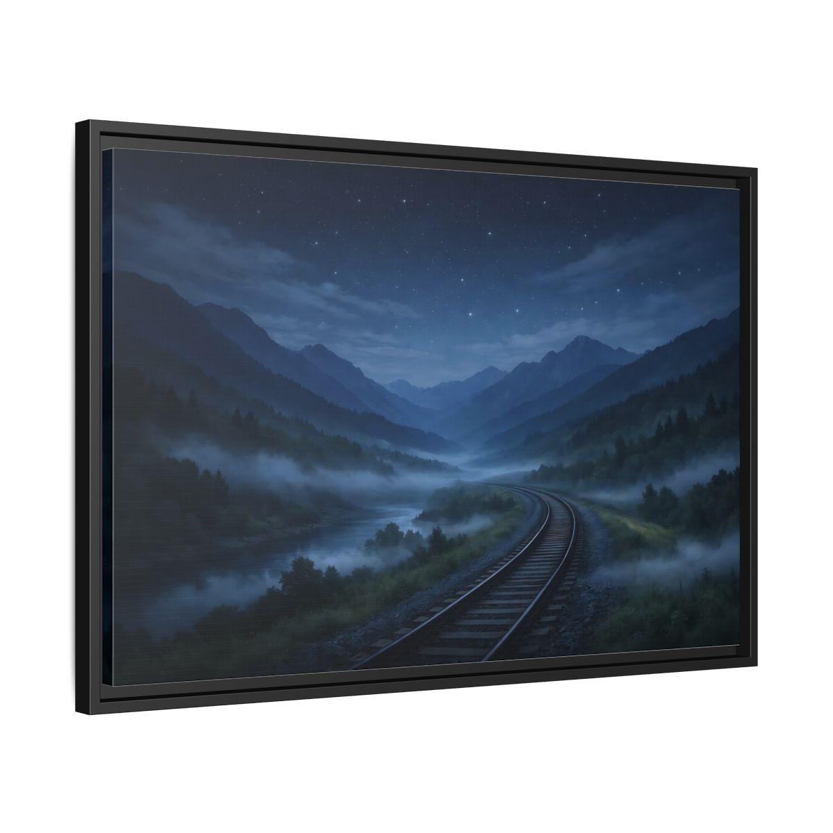 Side Mockup 14. Nature Train Tracks Misty Night Landscape shown as stretched canvas wall art