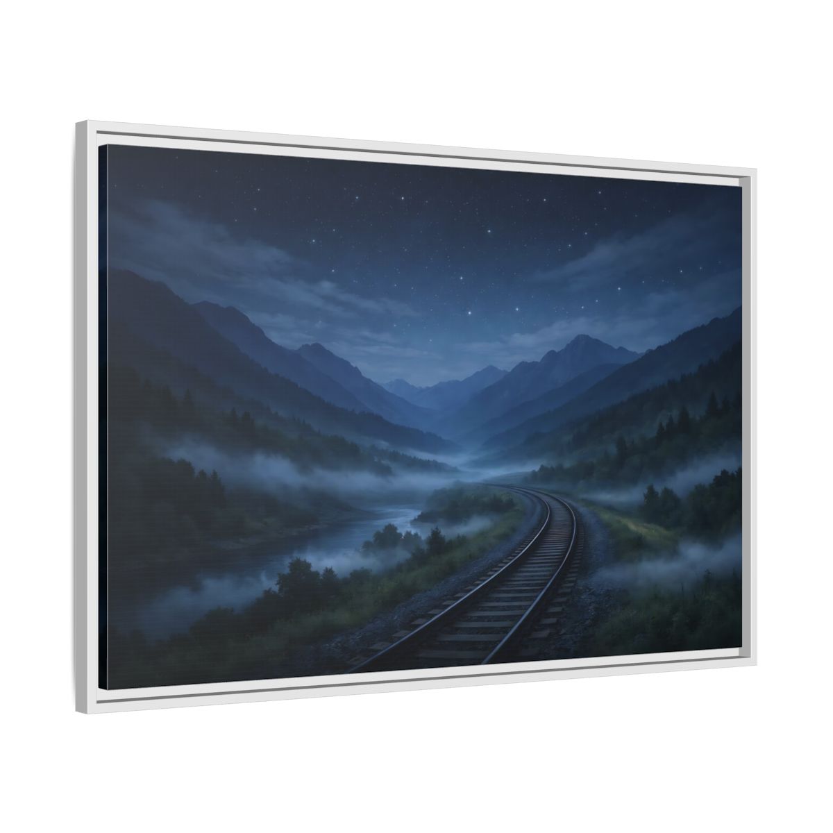 Side Mockup 9. Nature Train Tracks Misty Night Landscape shown as stretched canvas wall art