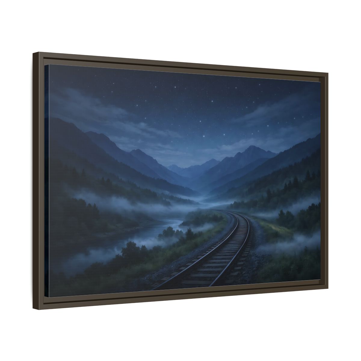 Side Mockup 11. Nature Train Tracks Misty Night Landscape shown as stretched canvas wall art