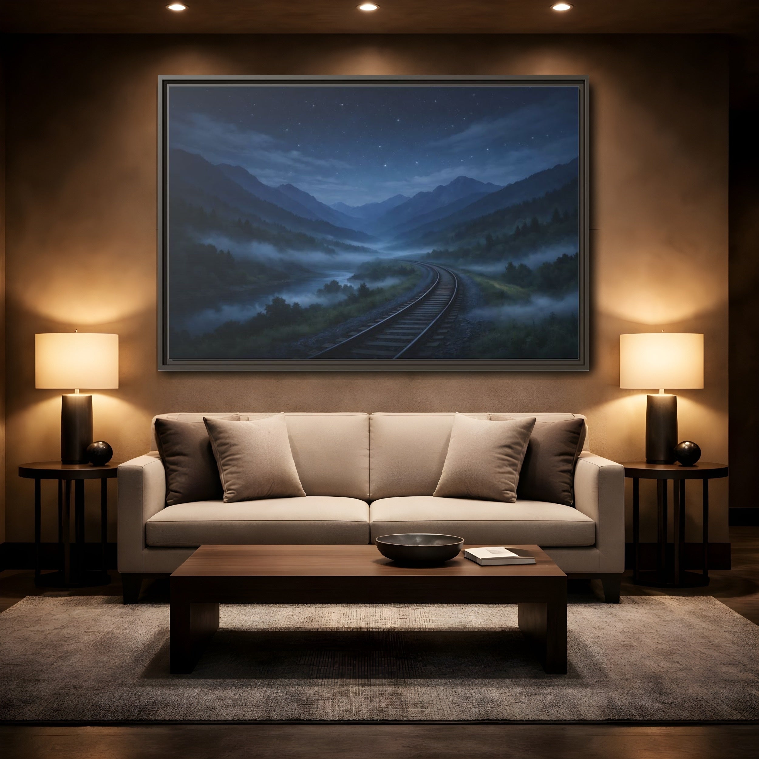 Mockup 2. Nature Train Tracks Misty Night Landscape shown as stretched canvas wall art
